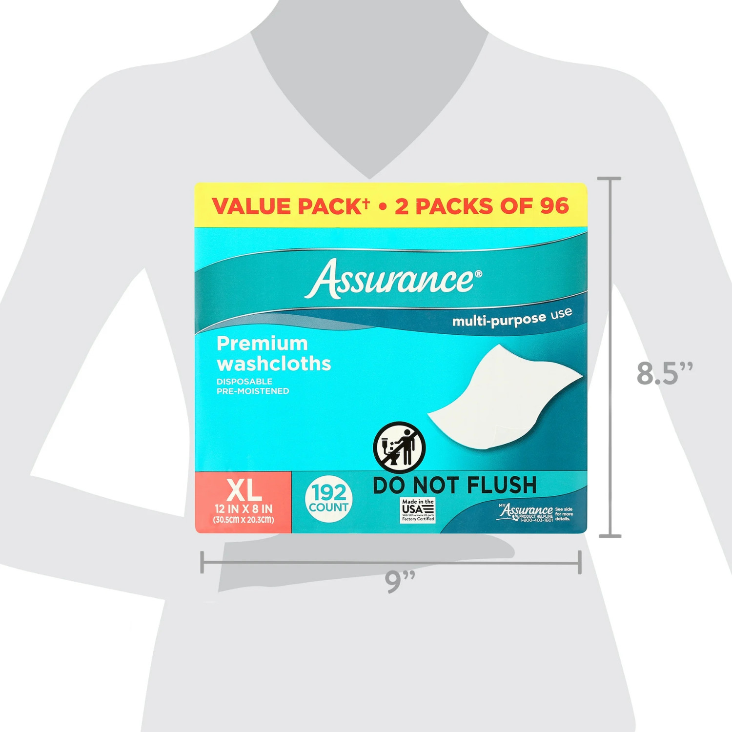 2pk Assurance Premium Disposable Washcloths Pre-Moistened Body Wipes, XL, 192 Ct