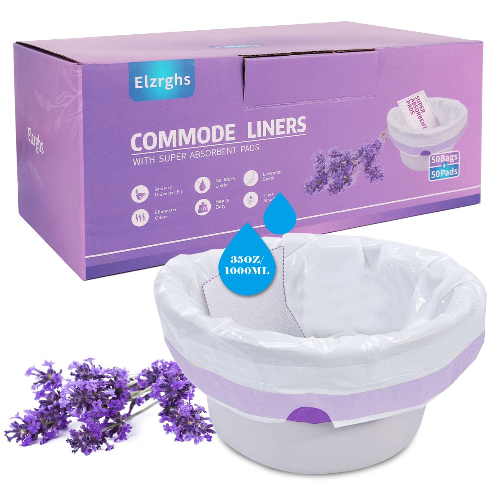 Commode Liners with Absorbent Pads Lavender Scented, 50 Count