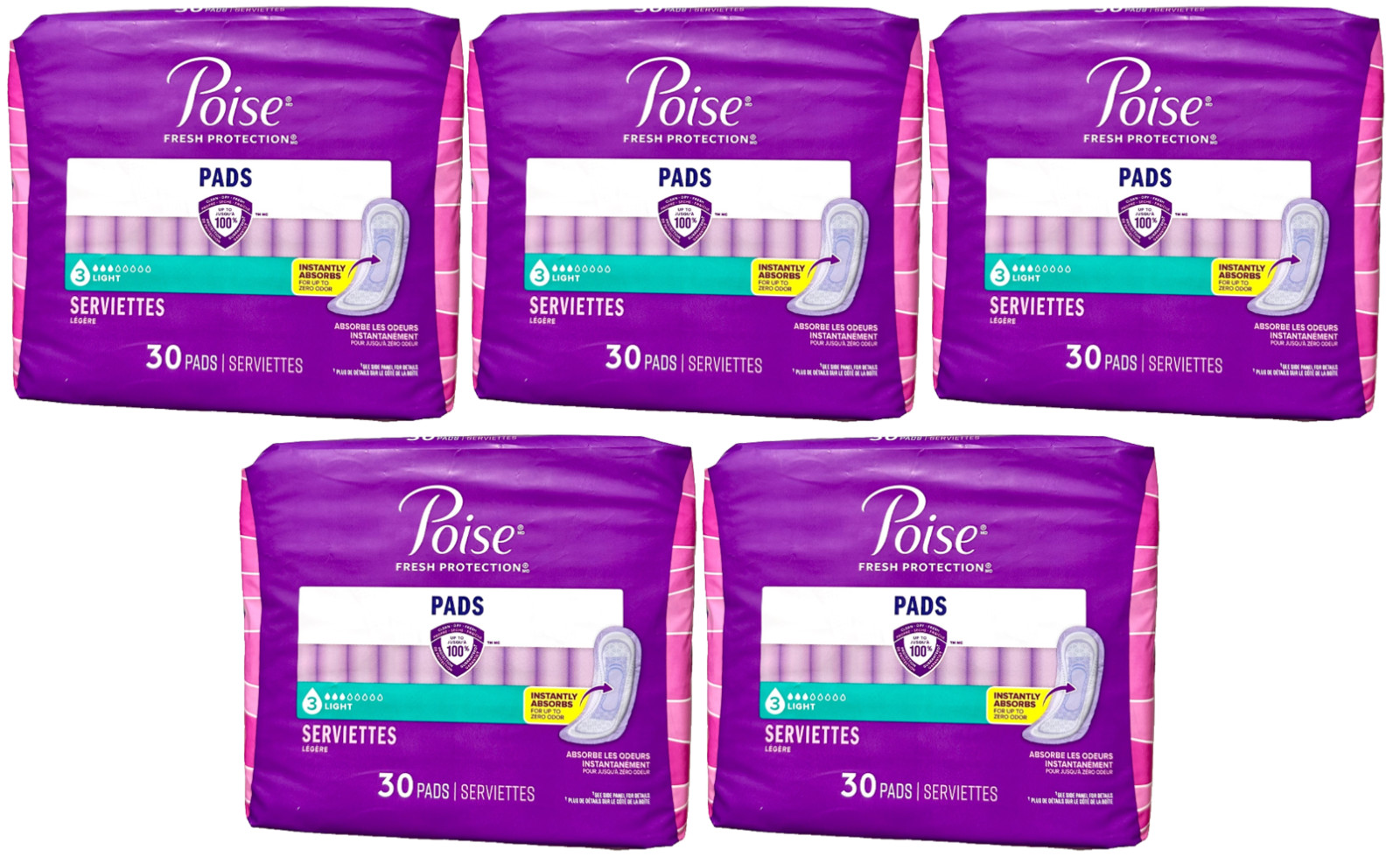 Poise Light Regular Length #3 Light Absorbency Pads, 30 Pads-Pack of 5=150 Pads