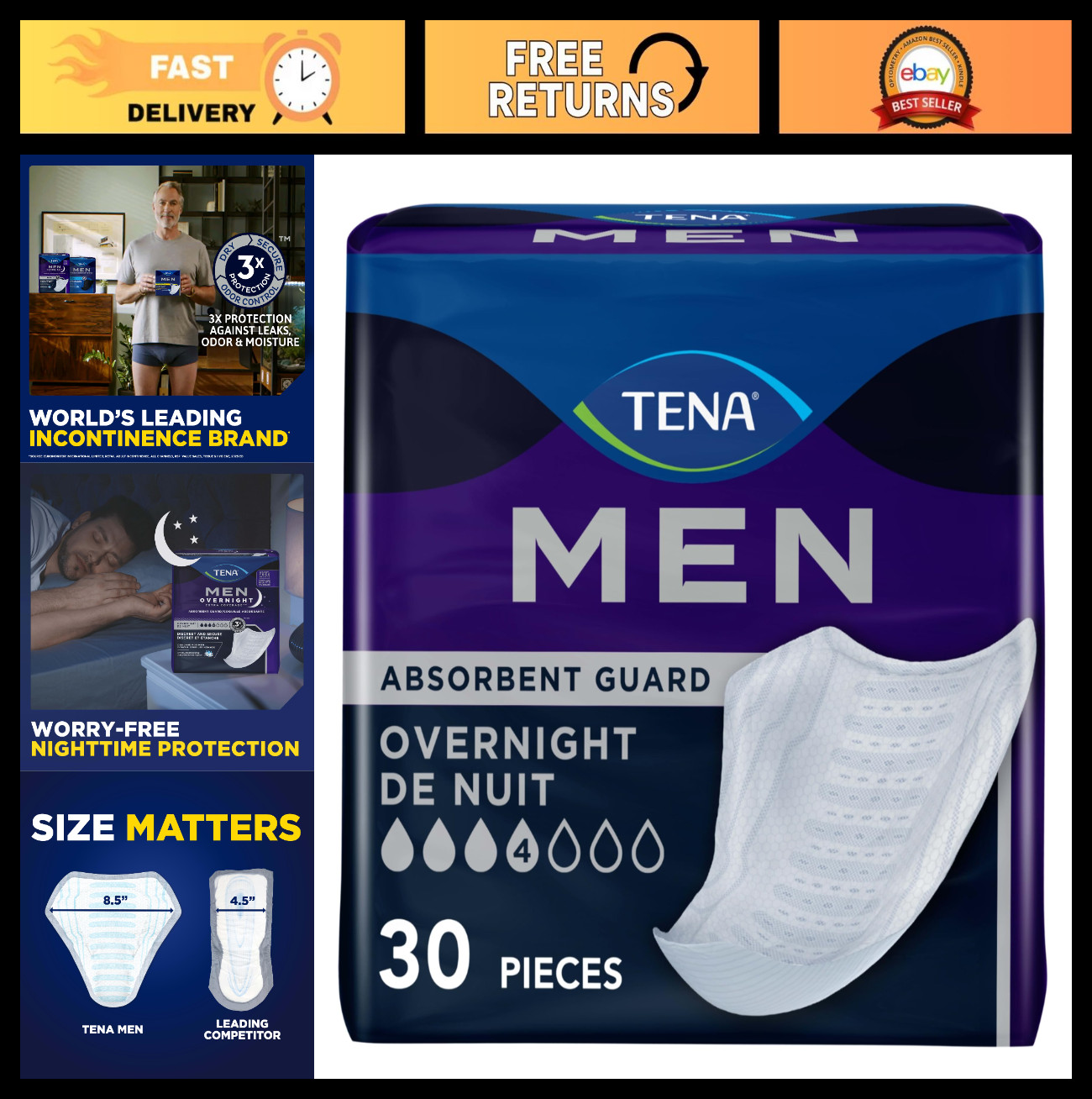 Incontinence Pads for Men, Overnight Guards, 30 Count, Absorbent Protection