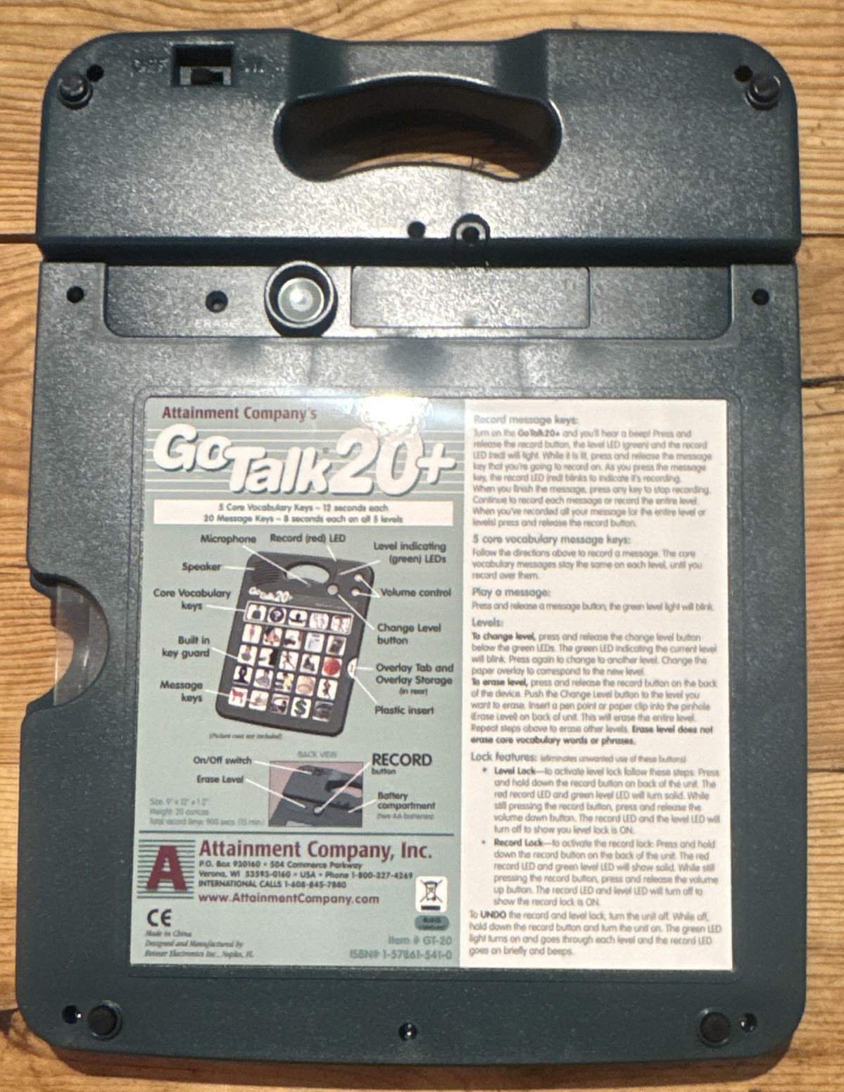 Attainment Company GoTalk 20+ Portable Communication Aid, Gray Plastic, GT-20