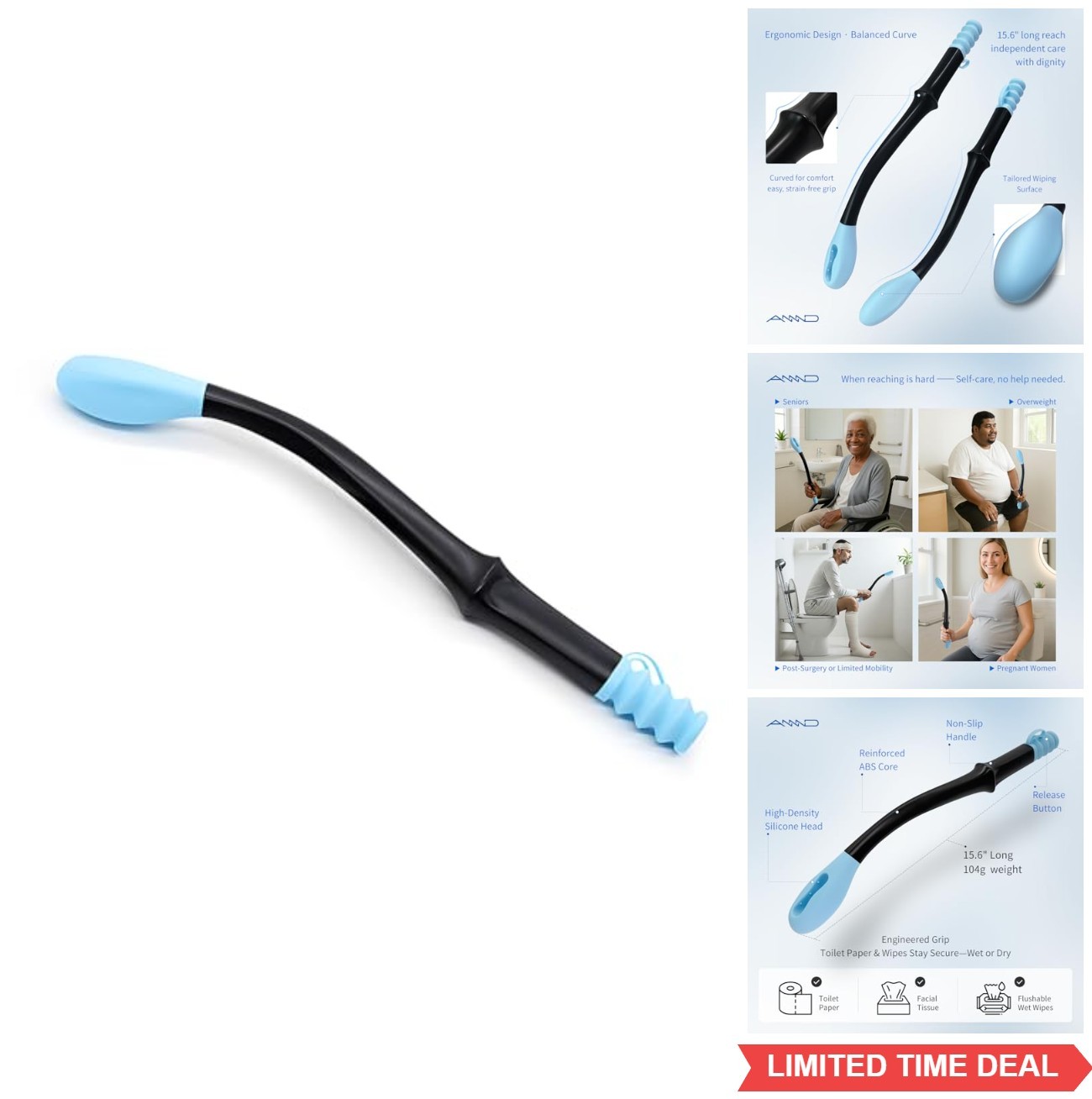Toilet Tissue Aid 15.6 Inch Long Handle Wiping Bottom Tool for Elderly Mobility