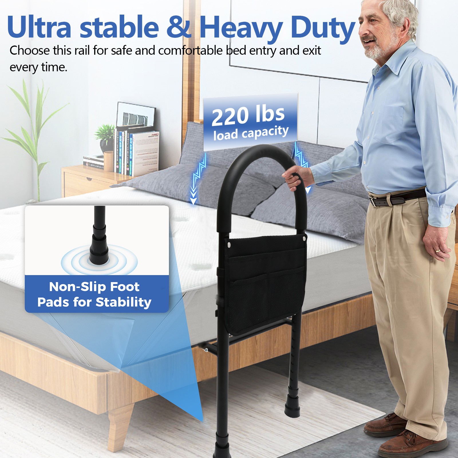 Bedside Safety Rail For Seniors Height Adjustable With Storage Bag 220 lbs