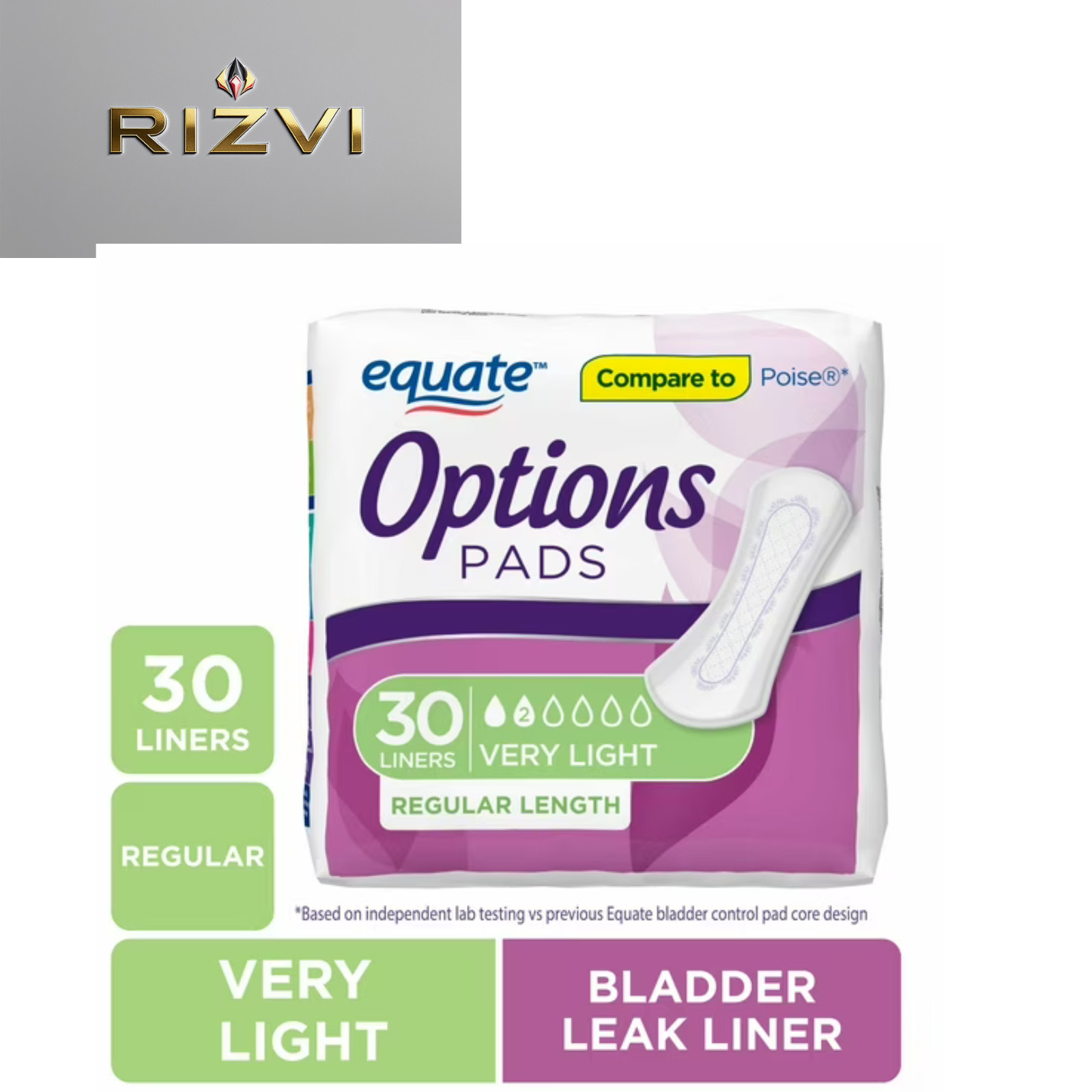Equate Options Women’s Incontinence Pads, Very Light, Regular Length (30 Count)