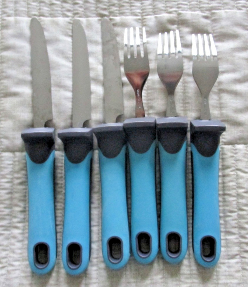 Adaptive Utensils Set – 6 Piece 3 Forks 3 Knifes, Pulse Brand, Blue / Gray, New