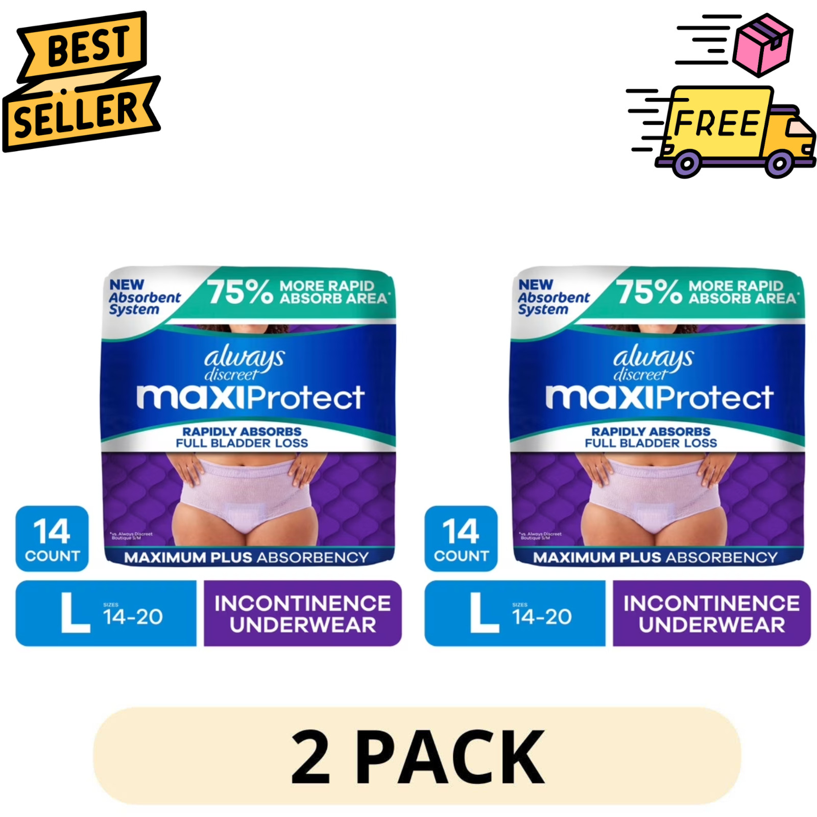 2Pack Always Discreet MaxiProtect Women’s Adult Diapers L 14 Ct Underwear