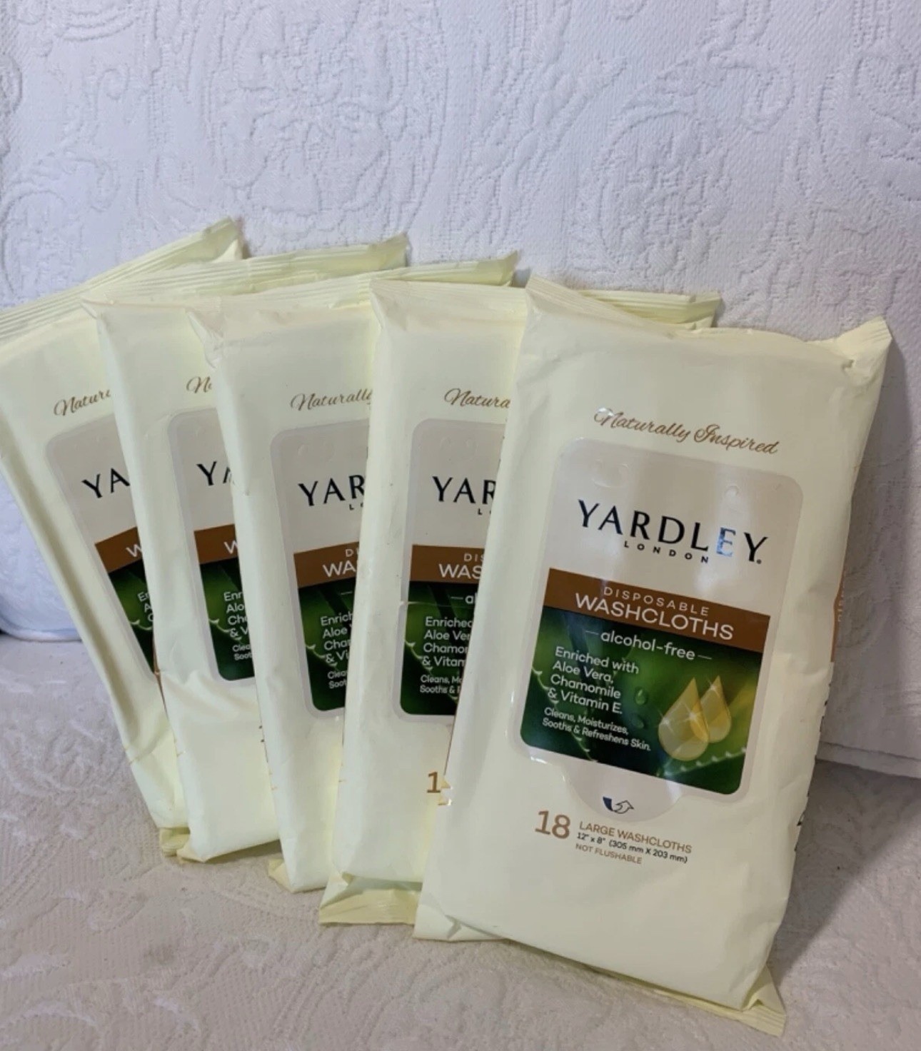 Yardley Disposable Washcloths- Enriched with Aloe Vera 5 Packs Total 90 Wipes