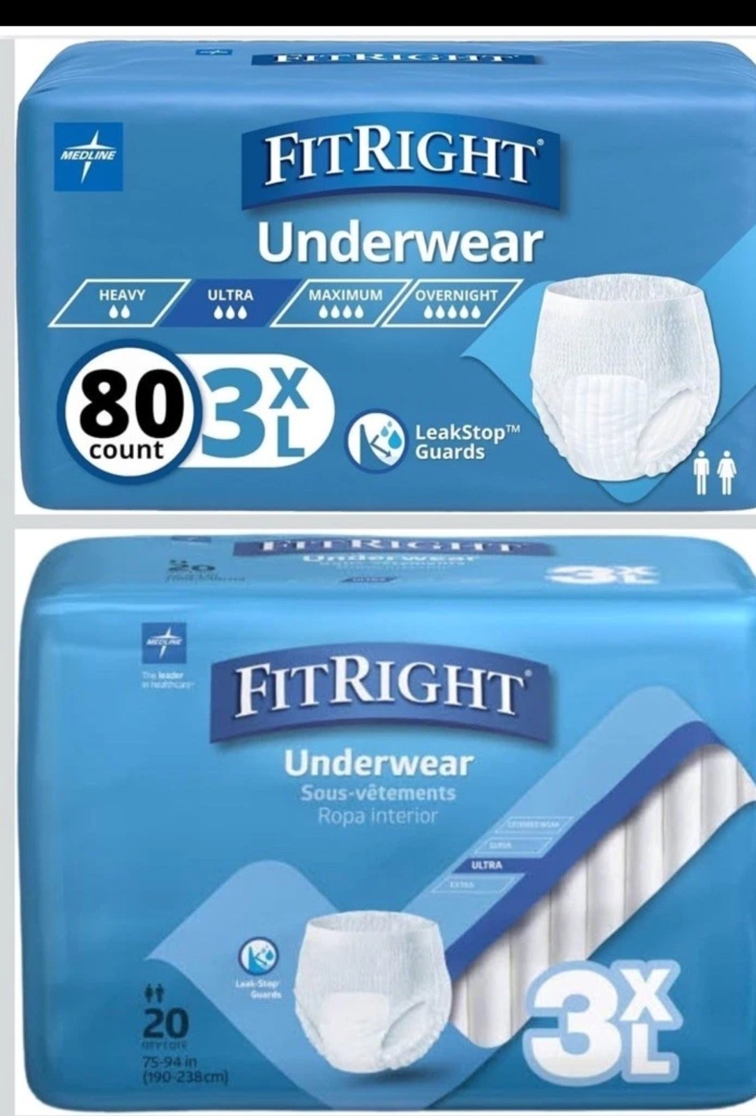 Case Medline FitRight 3XL 75-94” ULTRA Underwear 80 Count 4 Bags Of 20