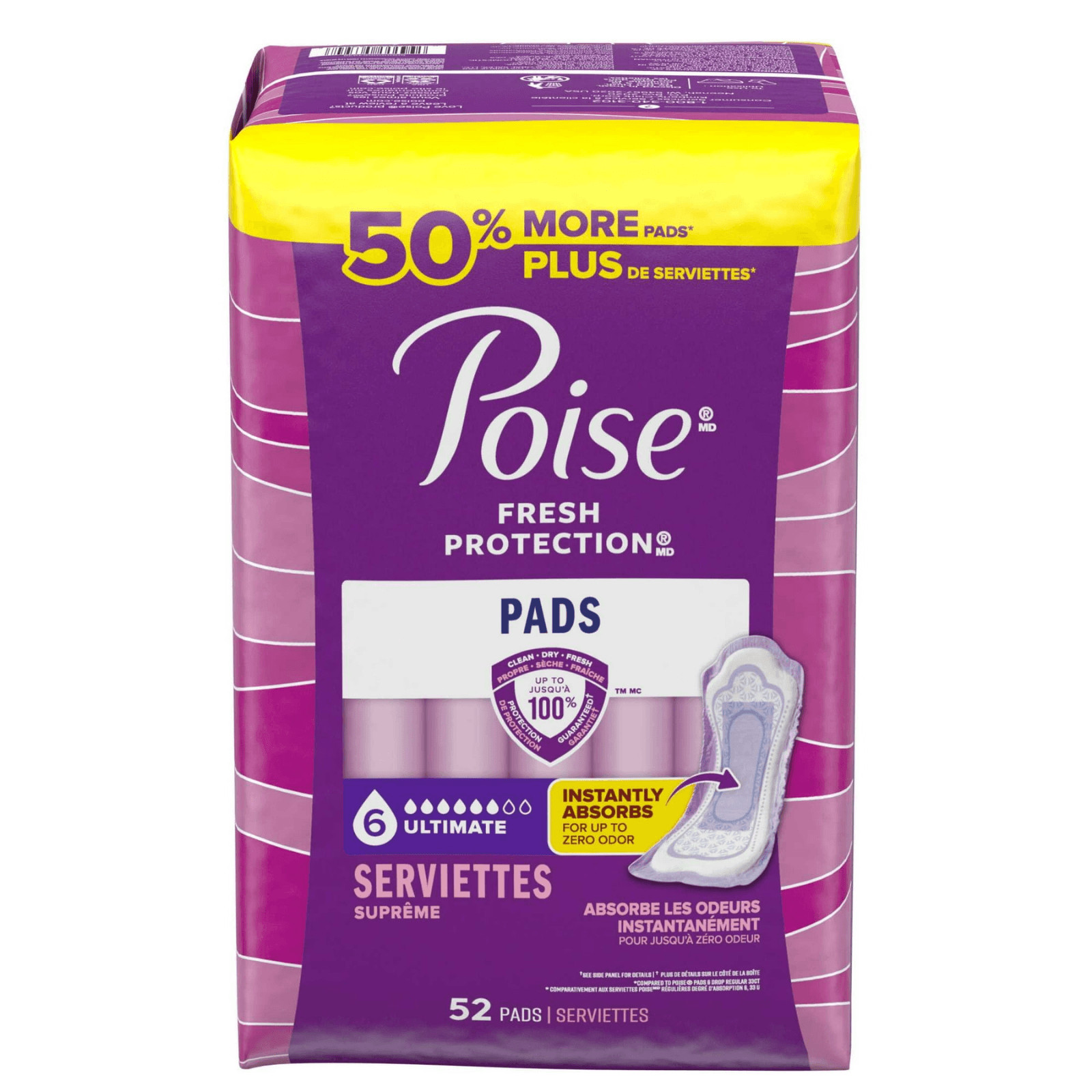Poise Incontinence Pads for Women 6 Drop Ultimate Absorbency Regular Length, 52