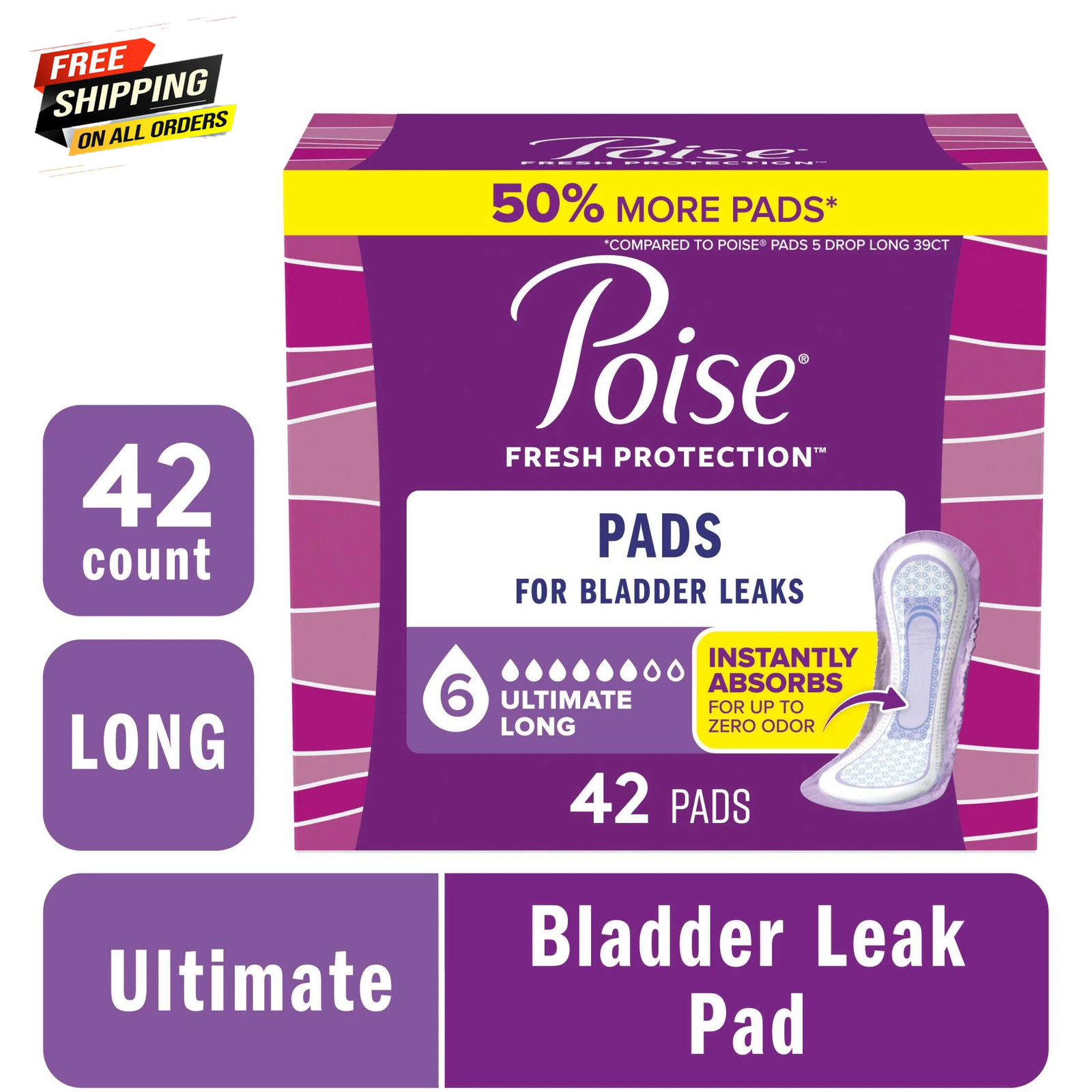 Incontinence Pads for Women, 6 Drop Ultimate Absorbency, Long Length, 42 Count