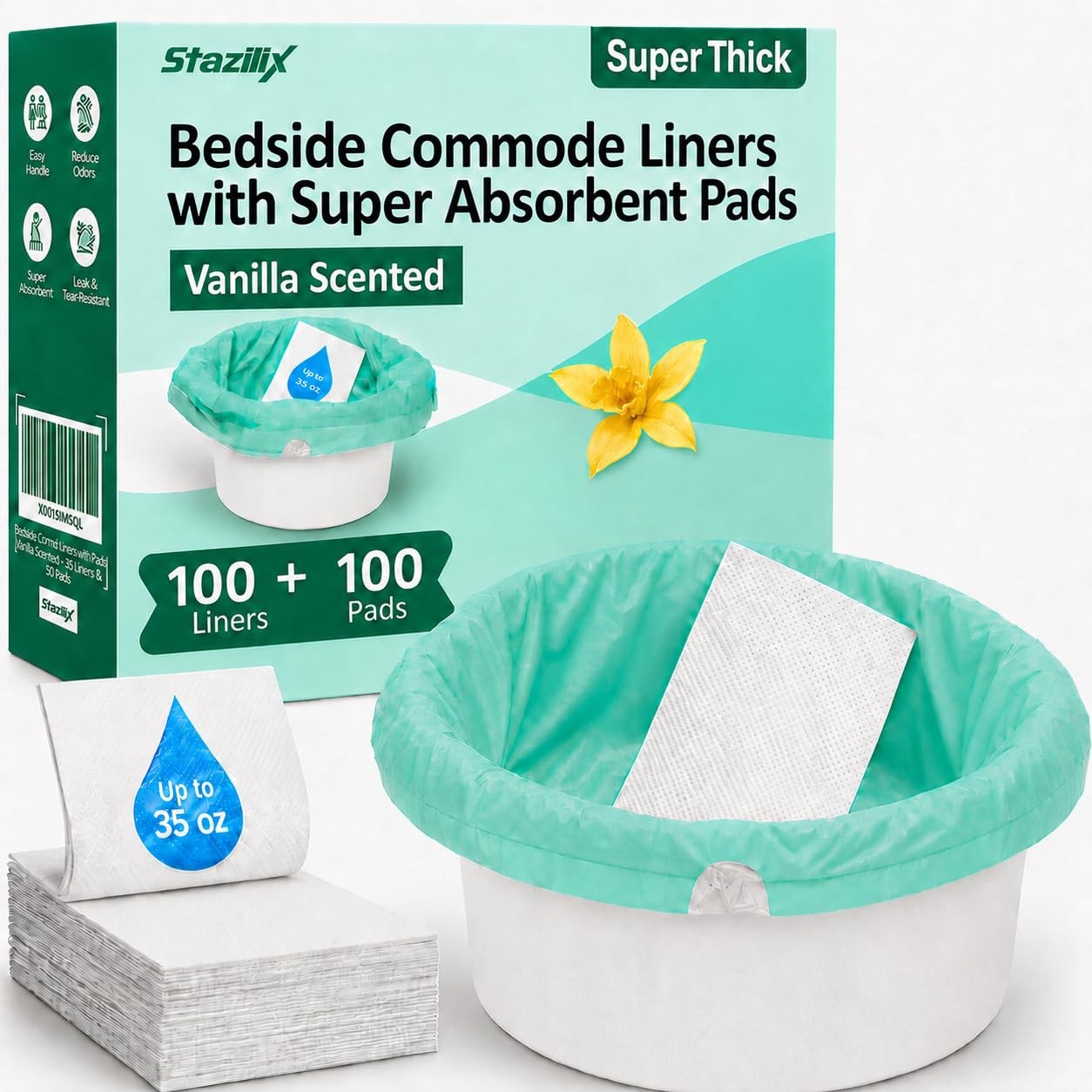 Bedside Commode Liners with Absorbent Pads, 100 Liners + Pads, for Elderly, A…