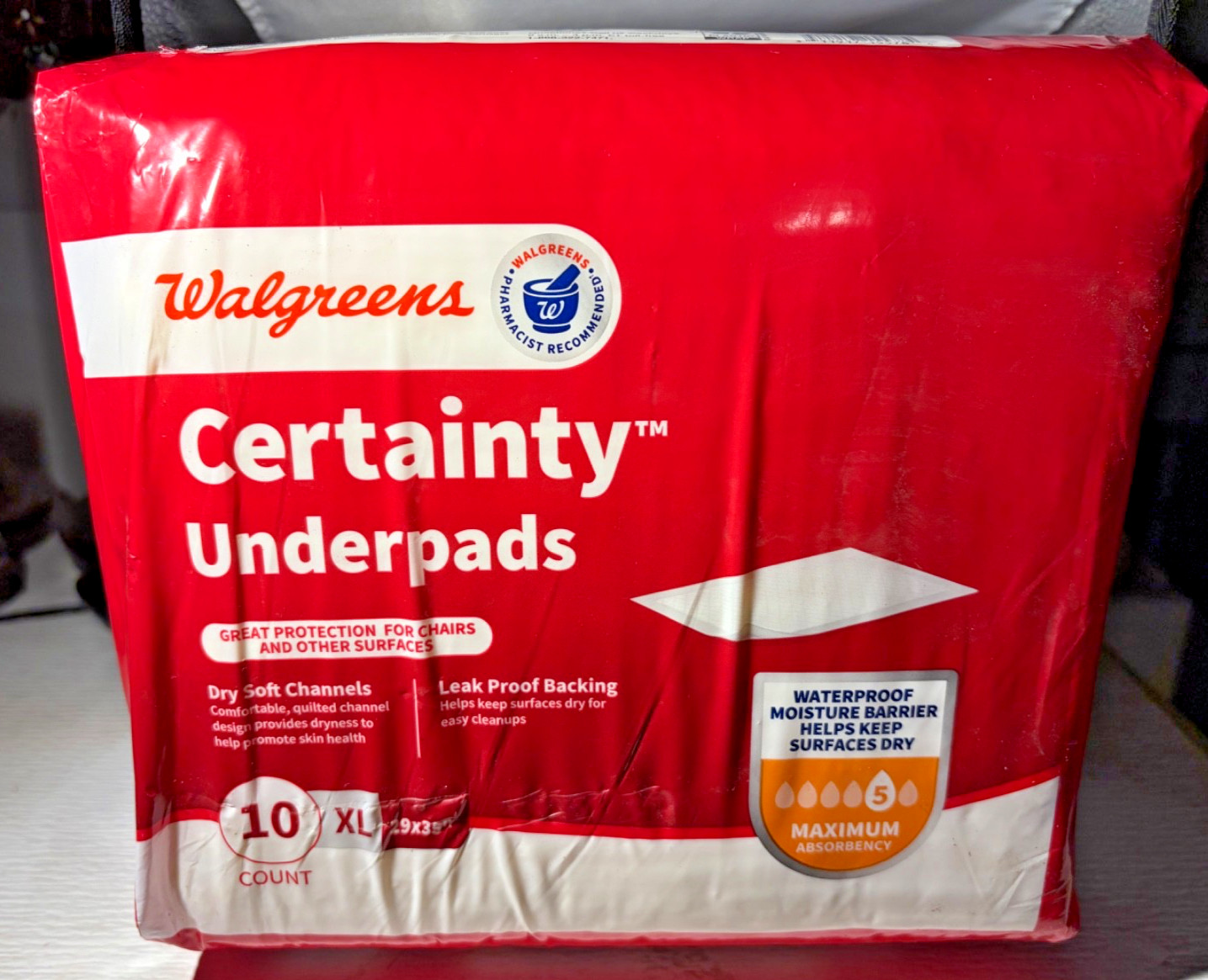 Walgreens Certainty Underpads, 10 Count, Waterproof/ Maximum #5/ XL – 29X35″ NEW