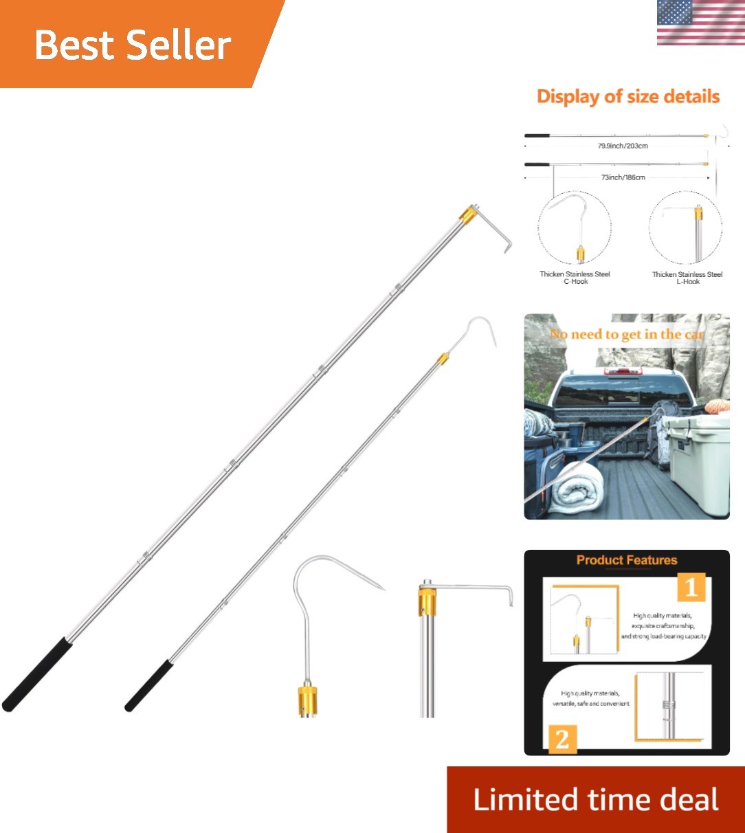 Corrosion-Resistant 75-Inch Truck Bed Tool with Adjustable Hooks for Easy Access
