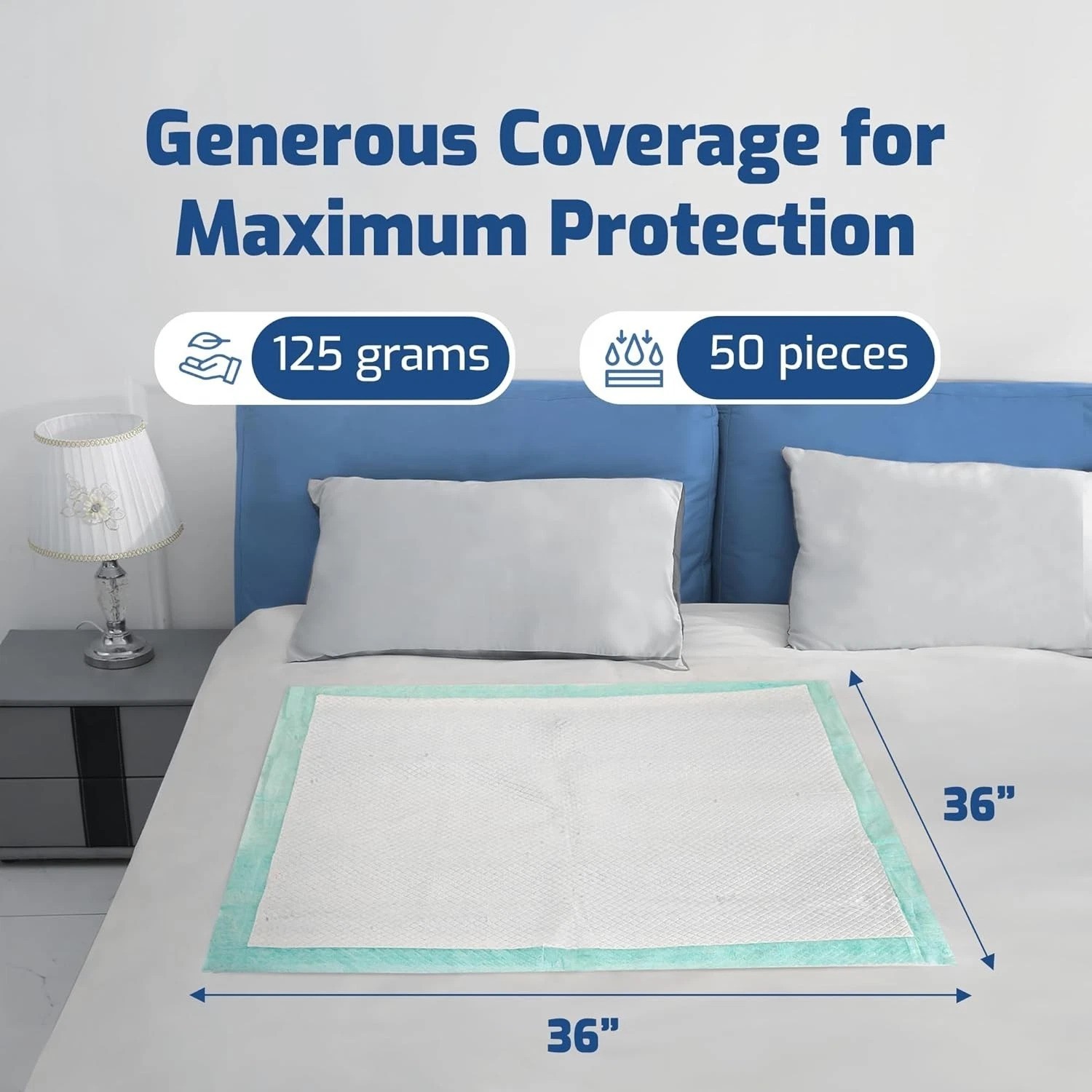 50 Pack Adhesive Disposable Bed Pads for Adults 125 Gram – 3XL 36″x36″Non Sli…