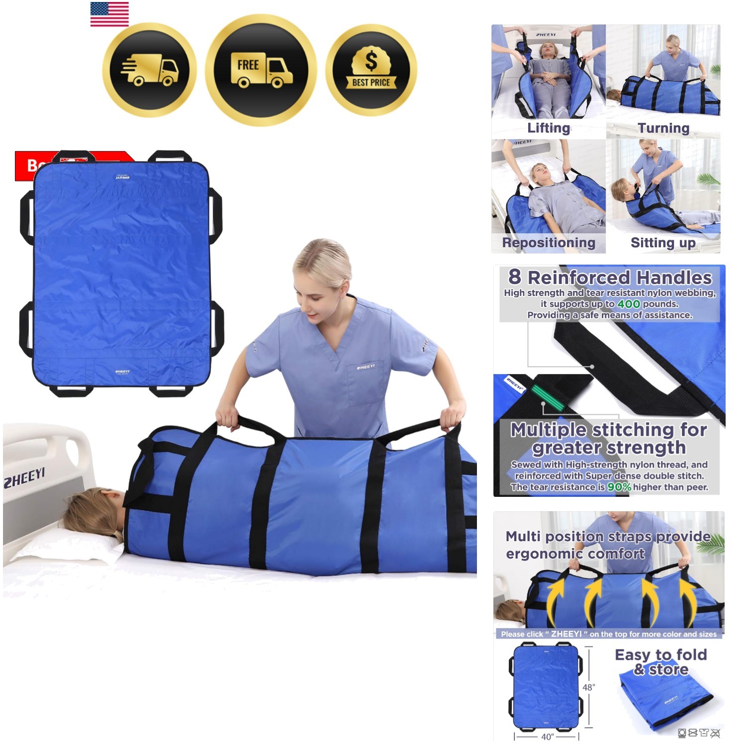 Multipurpose 48″ x 40″ Positioning Bed Pad with Reinforced Handles – Reusable…