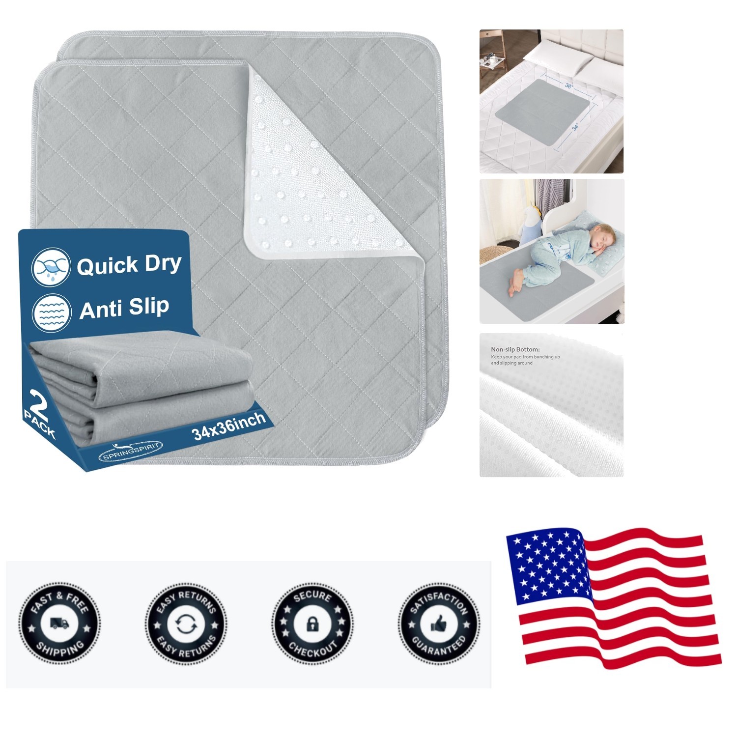 Bed Pads Washable Waterproof2 Pack, 34 x 36, Washable and Reusable Anti Slip …