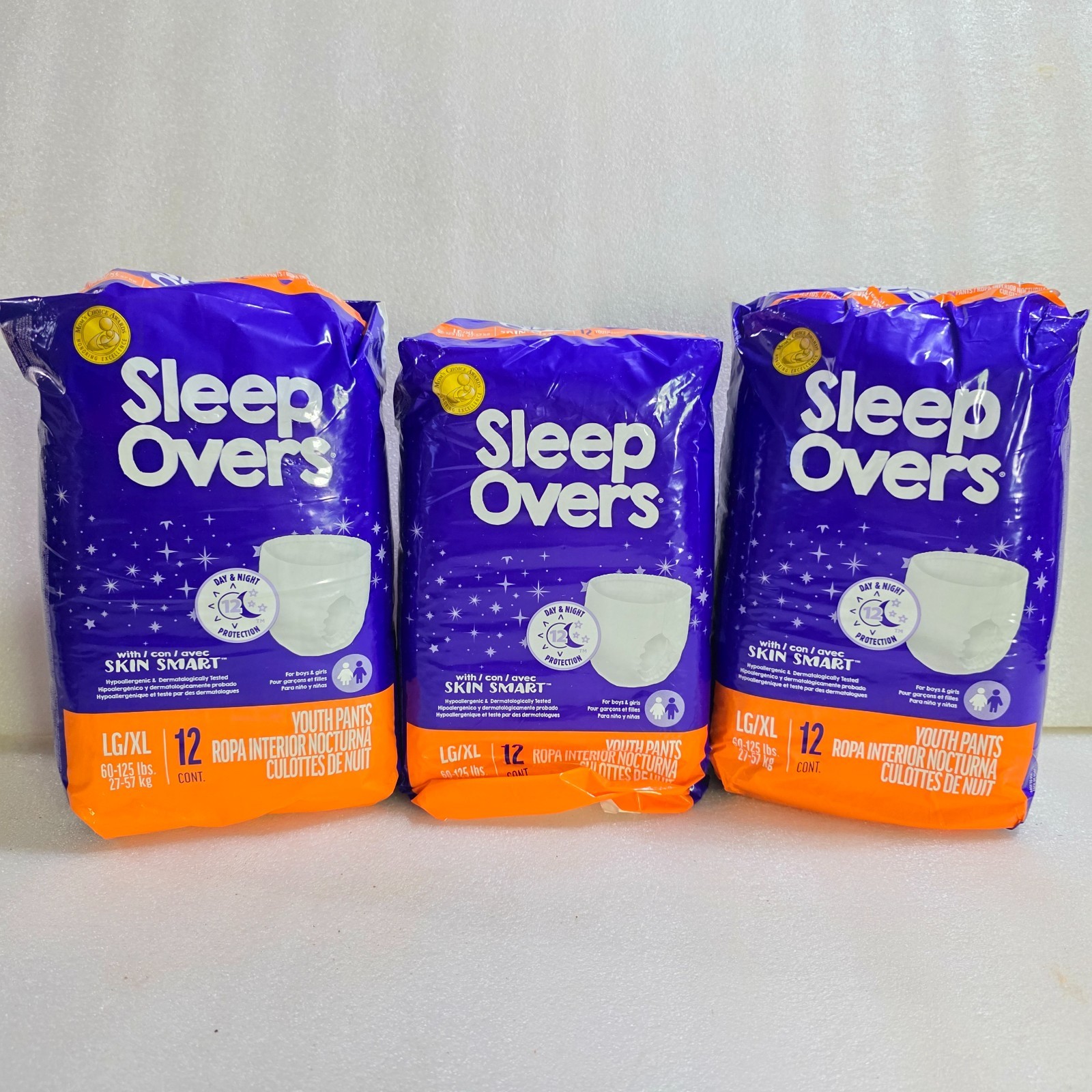 Sleep Overs Youth Pants LG/XL Skin Smart 12ct Day & Night Boys Girls NEW 3 packs