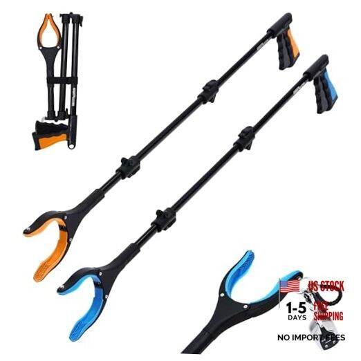 38″ Extra Long Grabber Reacher Tool – 2 Pack Extra Long Foldable Orange Blue