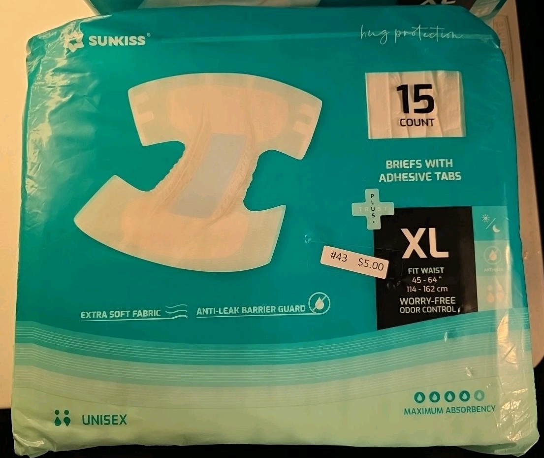 Sunkiss Adult Diapers Briefs Odor Control Anti-Leak XL Waist 45-64” Unisex 15 Ct