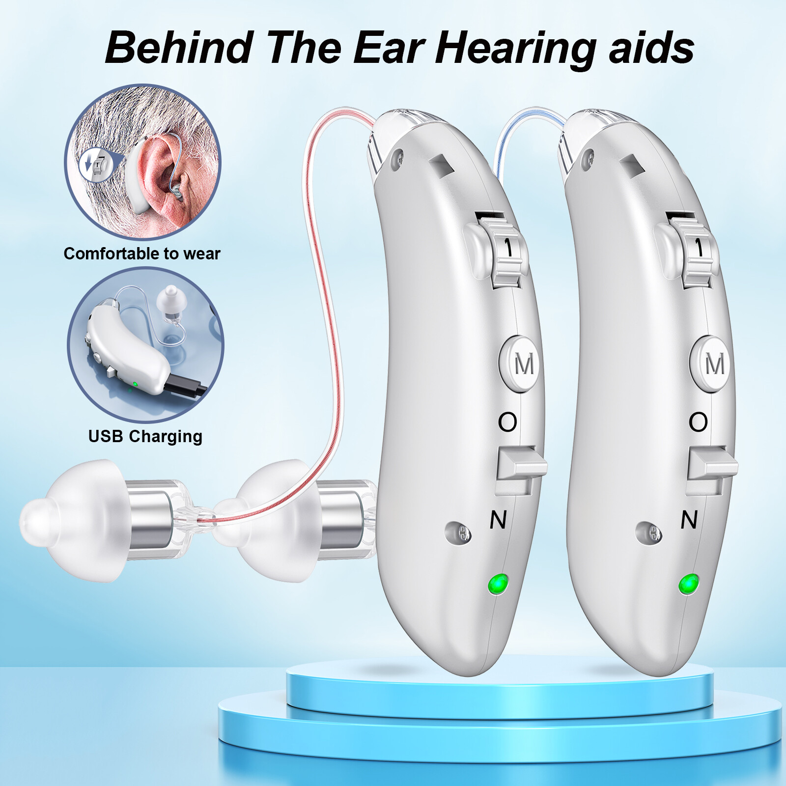 A Pair BTE Digital Rechargeable Hearing Aid Invisible Adjustable Sound Amplifier