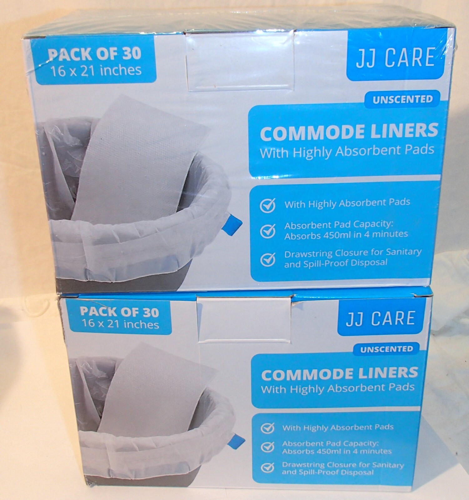 JJ CARE COMMODE LINERS W/Highly Absorbent Pads PACK OF 30 UNIVERSAL FIT 16″X21″
