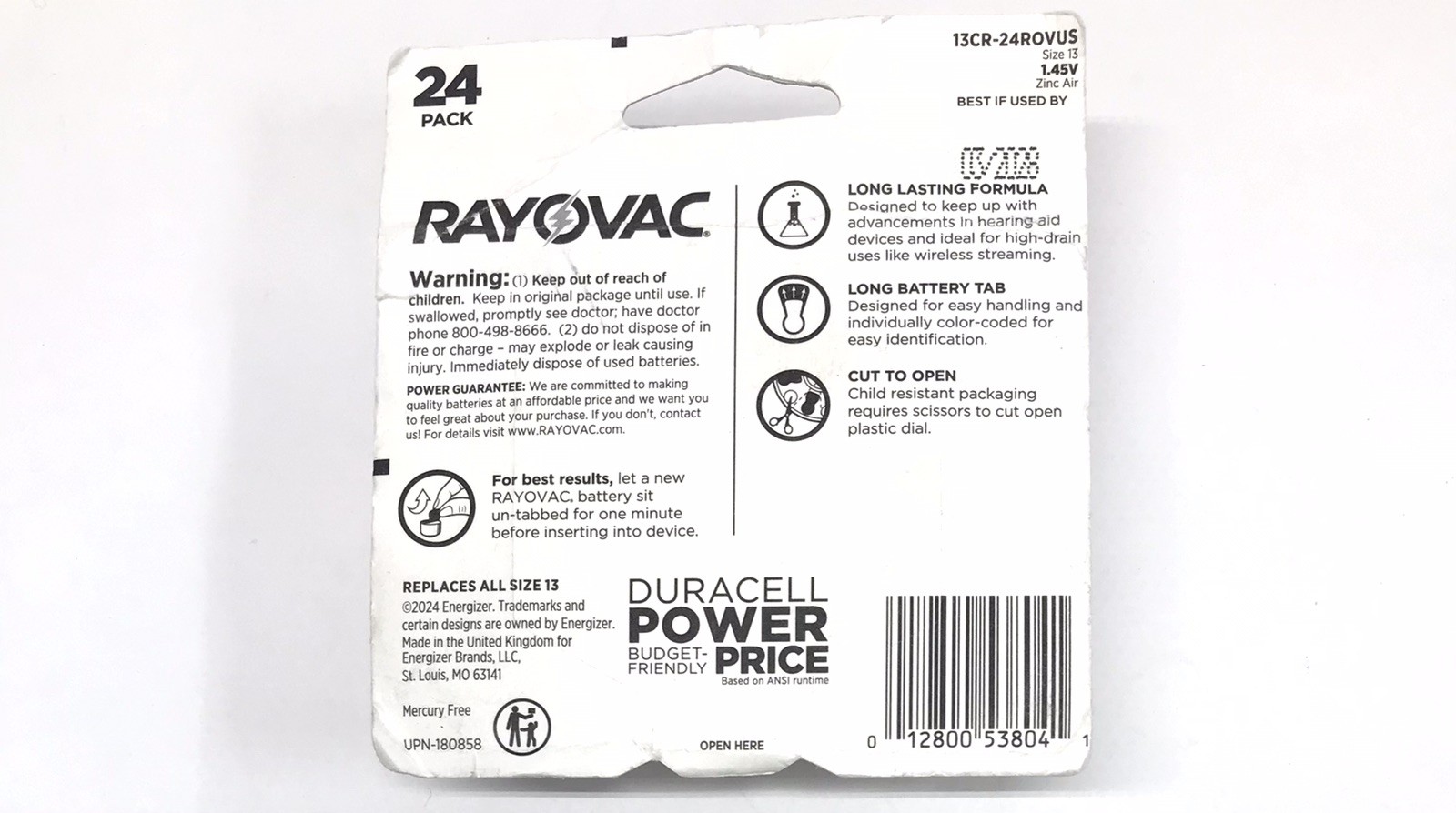Rayovac Size 13 Hearing Aid Batteries Zinc Air 24 Pack Disposable 1.45V
