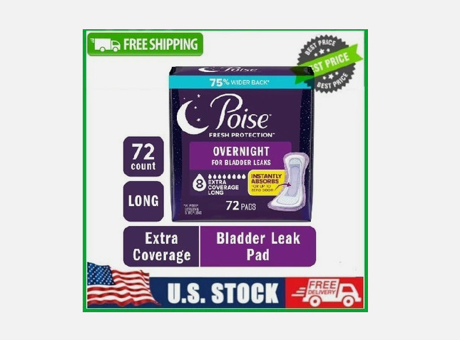 Poise Overnight Incontinence & Postpartum Pads for Bladder Leaks, 72 Count