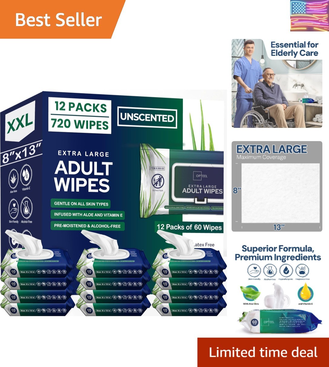 Adult Wipes For Elderly – 8″x13″ Extra Large & Soft Wet Wipes for Adults Bath…