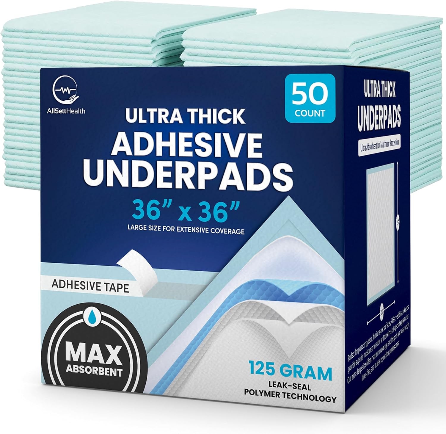 Adhesive Disposable Bed Pads, 3XL 36″x36″, 50 Pack, 125g, Non-Slip