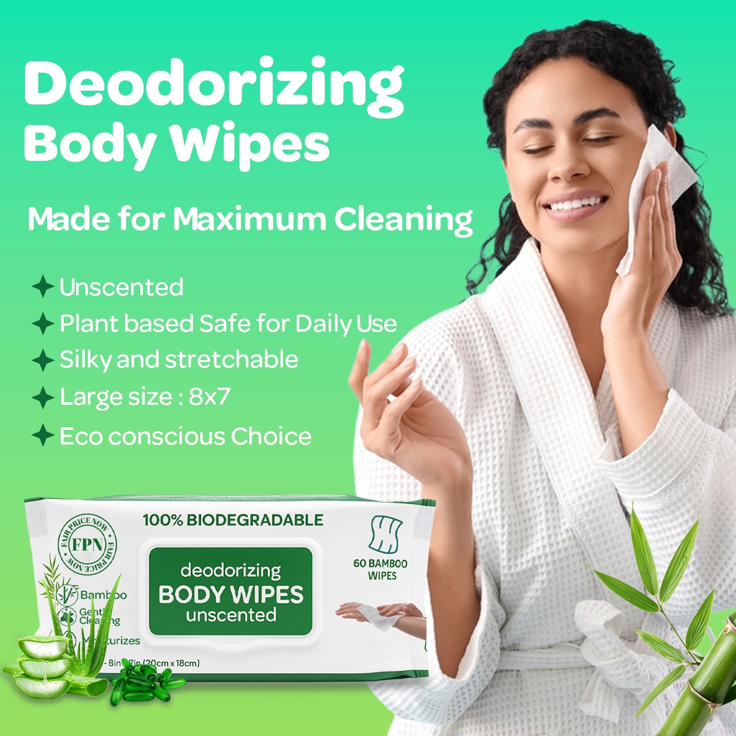 No Rinse Bathing/Shower Wipes Unscented Body Wipes Bamboo & aloe-240/1440 CT-FPN