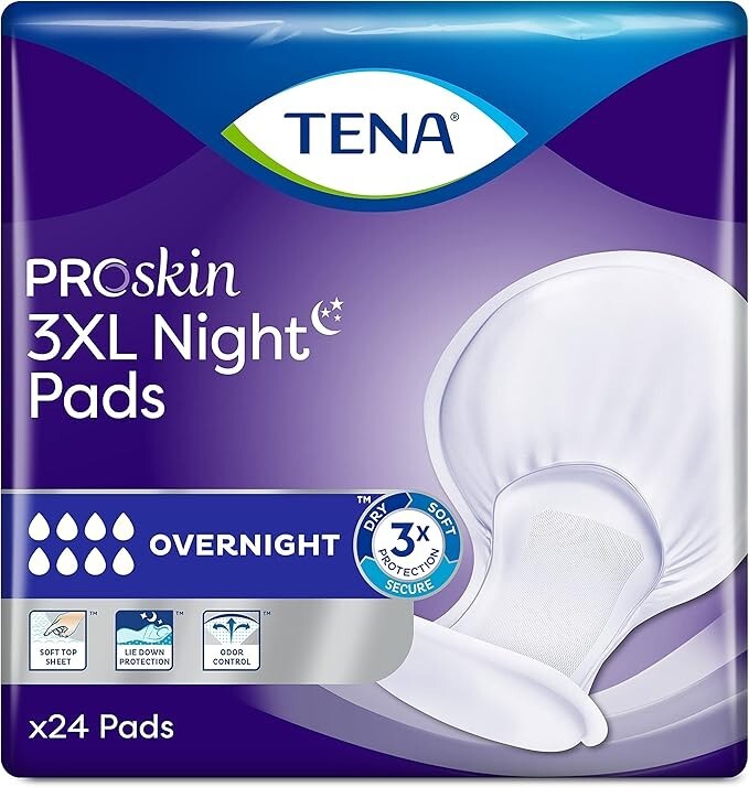 TENA Incontinence Pads, 3XL Plus Size, Overnight Absorbency, ProSkin, 48 Count