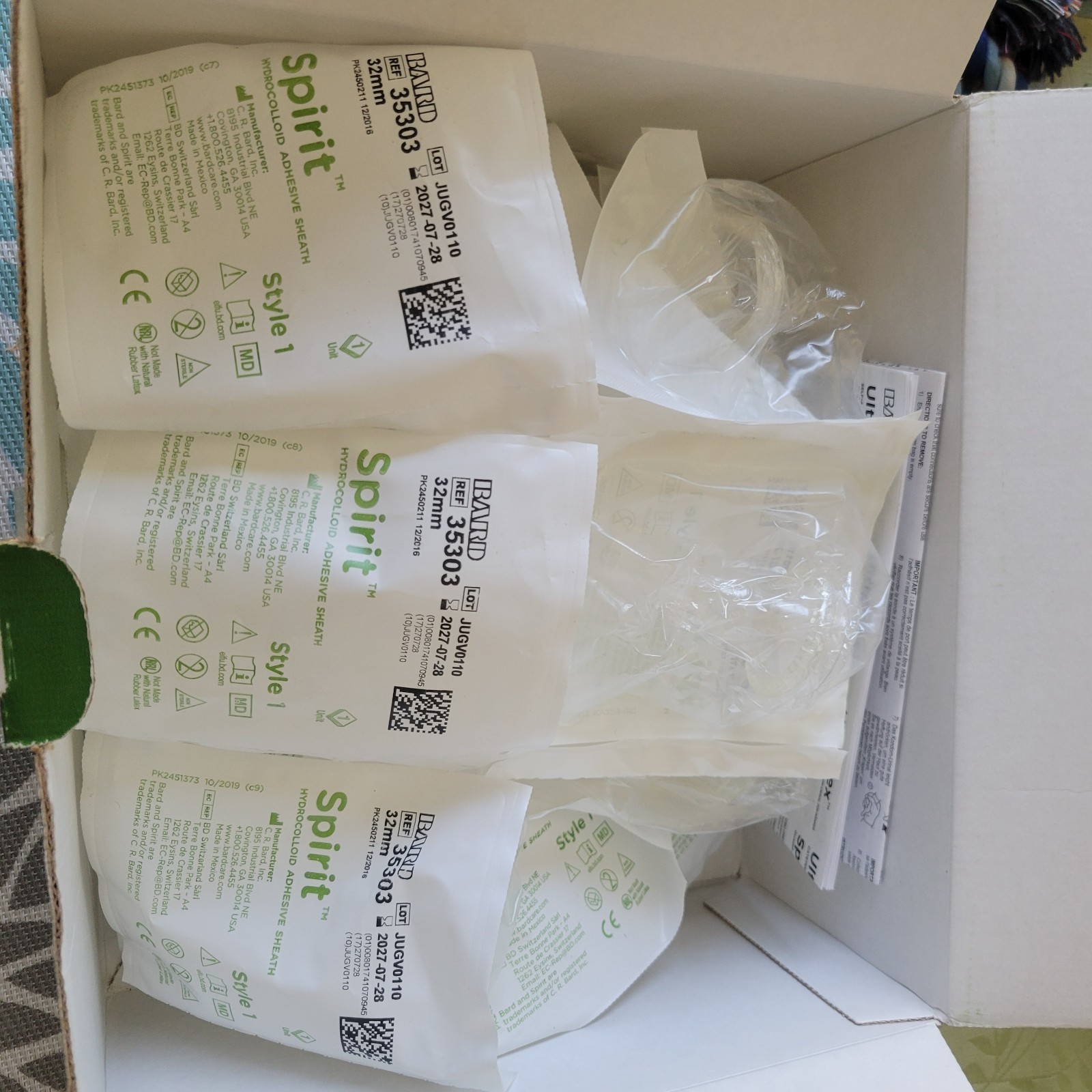 New Bard Spirit STYLE 1 Hydrocolloid Adhesive Sheath 32mm 35303 Open Box 25 Pack