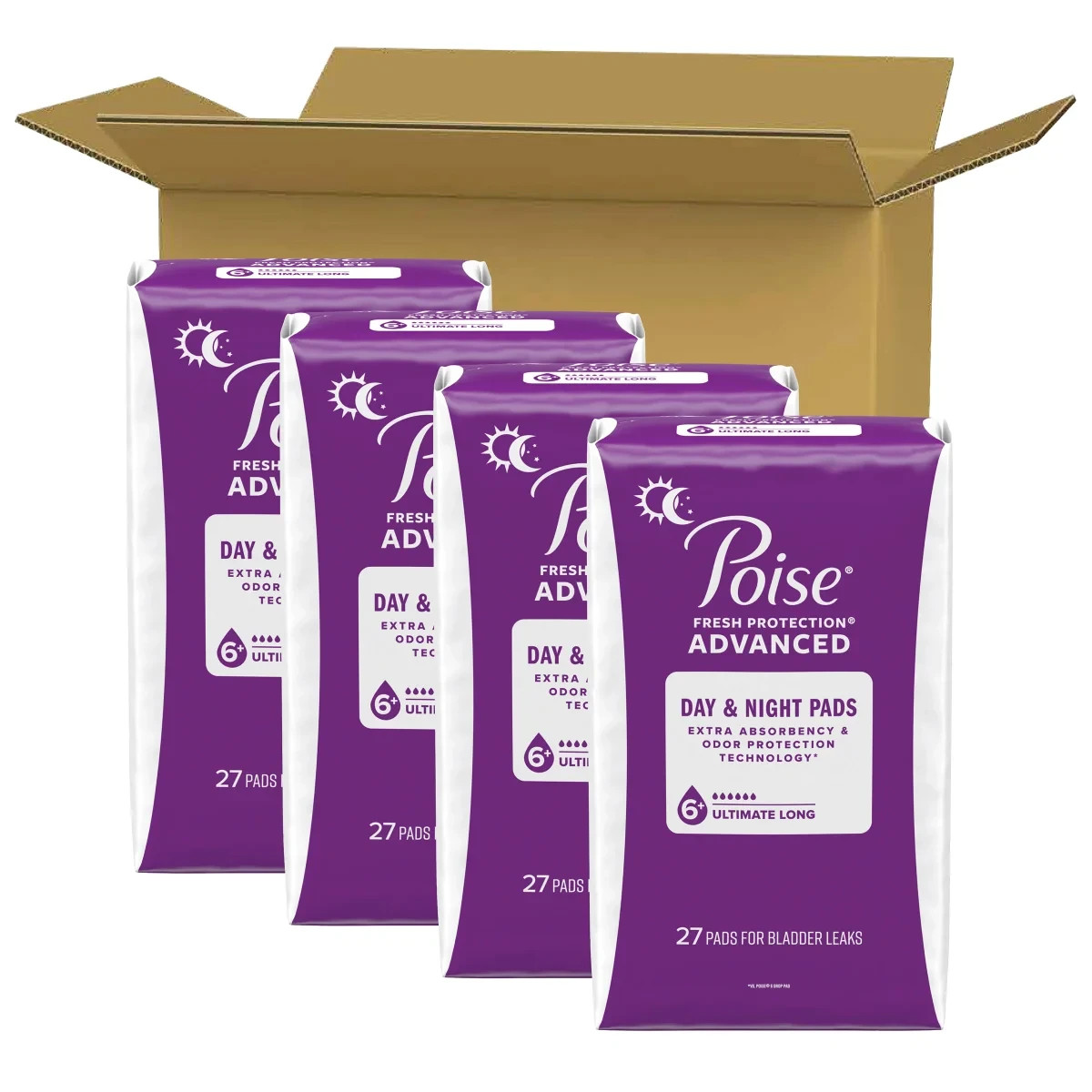Poise Advanced Ultimate Absorbency Long Day & Night Pads, 108-ct
