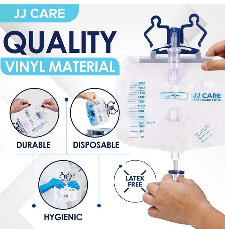 JJ Care Urinary Drainage Bag – 2000 mL Capacity for Caregivers (6 Pack), NEW