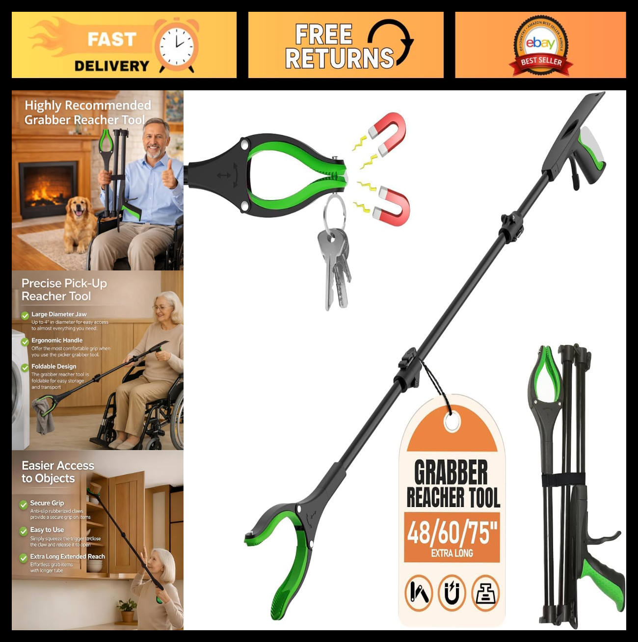 60″ Extra Long Grabber Reacher Tool, Foldable Magnetic Pickup Aid, Strong Grip T