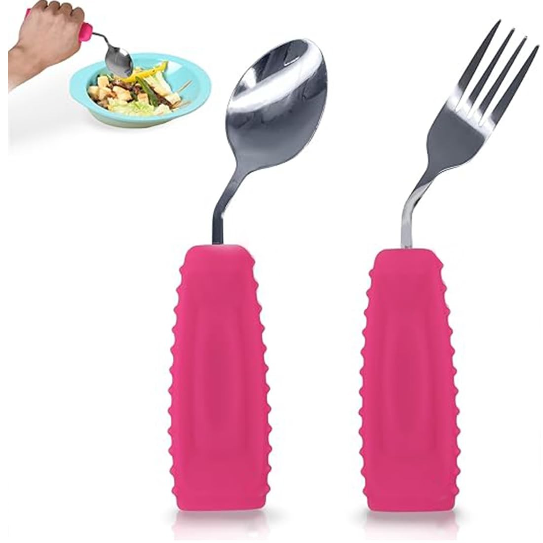 Adaptive Utensils Set Weighted Silverware Non-Slip Handle Left Hand Pink Aid