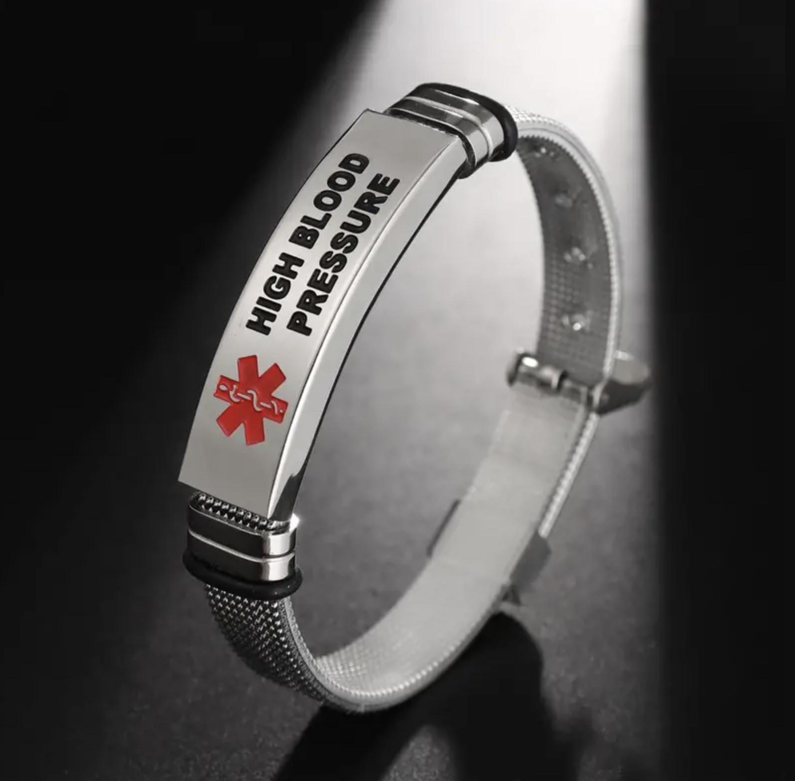Medical Alert ID Tag High Blood Pressure Stainless Steel Mesh Adjustable Band