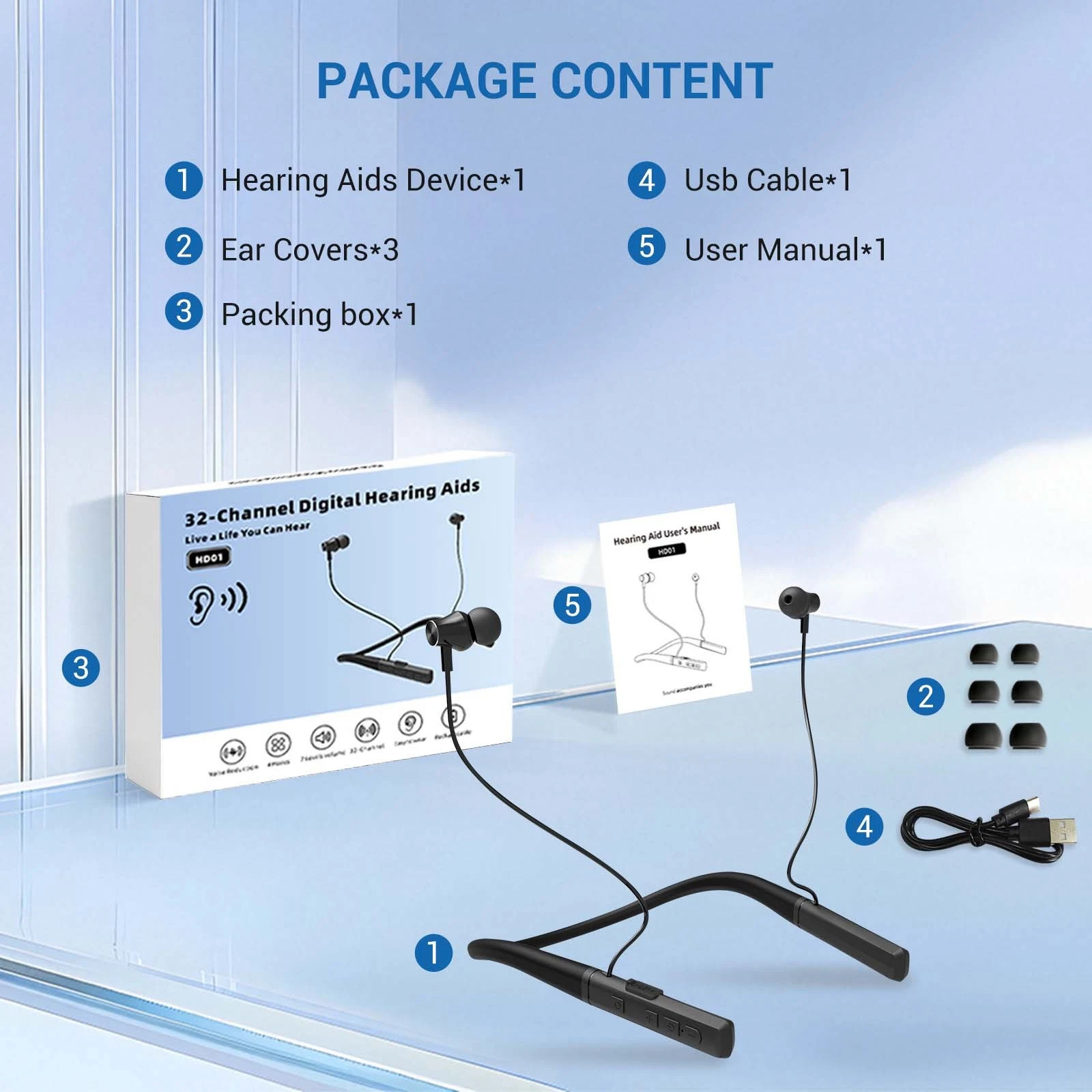 Adult and elderly neck-wear rechargeable noise-reducing OTC hearing aid