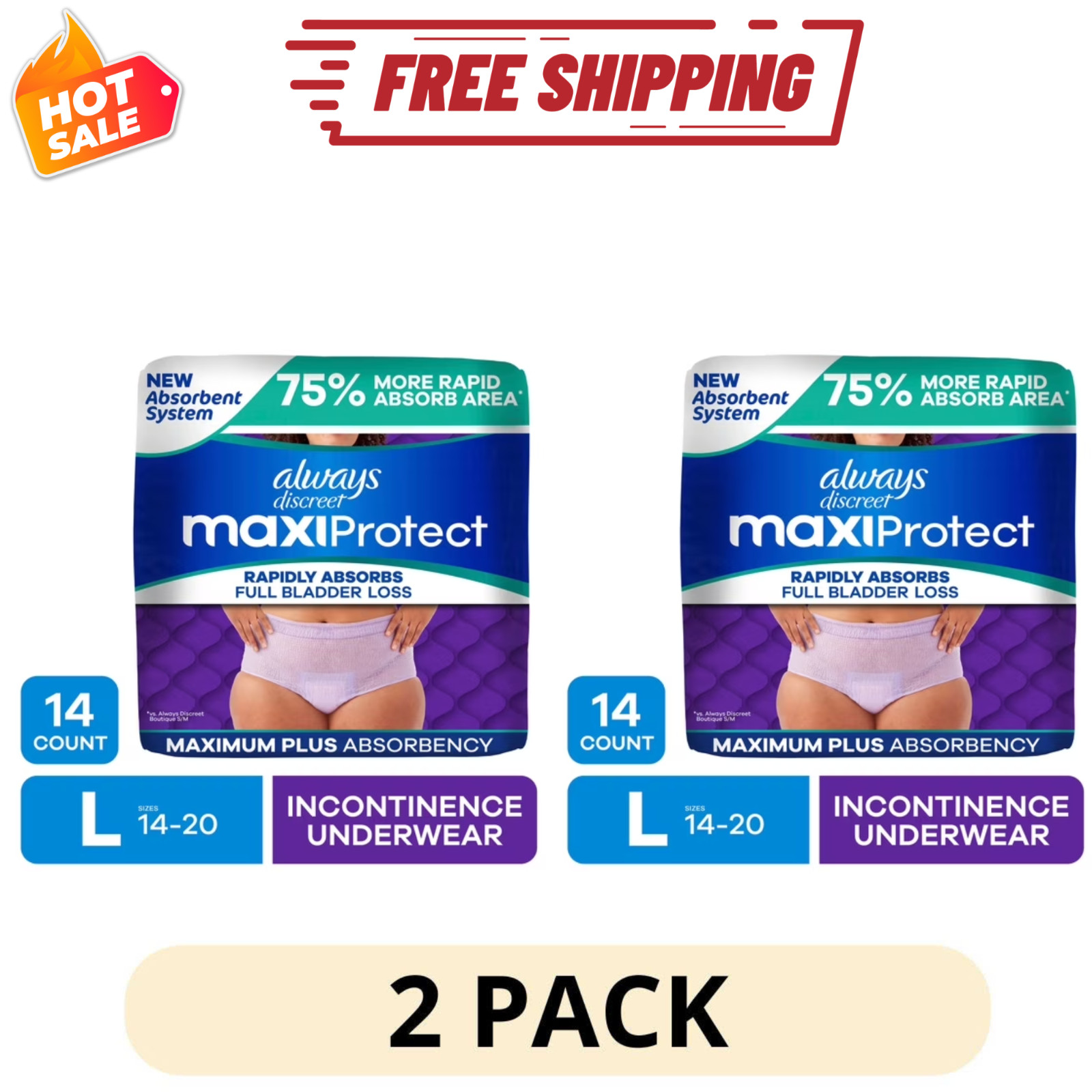 2 Pack Always Discreet MaxiProtect Adult Diapers for Women Large 14 Count