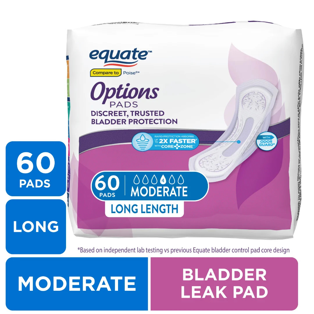 Equate Options Incontinence Pads for Women, Long Length, 60 Ct