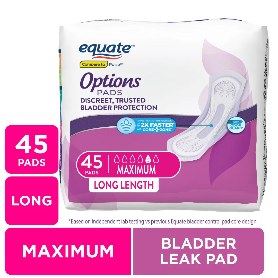 Options Women’s Incontinence Pads, Maximum Absorbency, Long Length, 45 Count