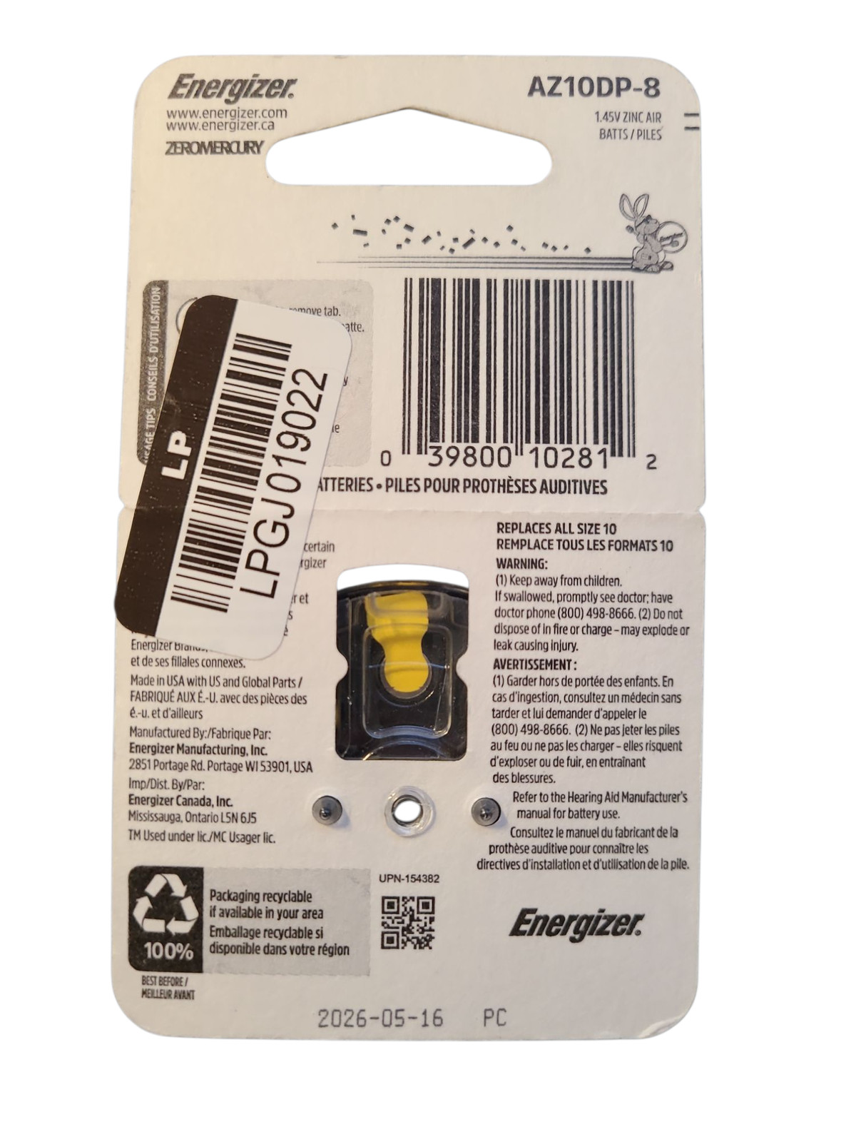 Energizer EZ Turn & Lock AZ10-DP-8 Zinc Air Hearing Aid Batteries – BB 05/2026