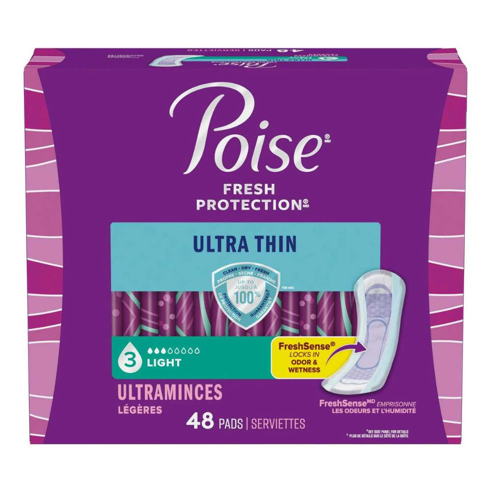 Poise Ultra Thin Incontinence Pads, Light Absorbency, Regular, 48 Count, 2 Pack
