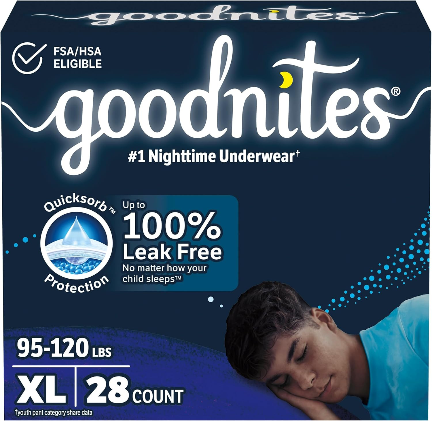 Boys’ Nighttime Bedwetting Underwear, Size Extra Large (95-120 Lbs), 28 Ct (2 Pa