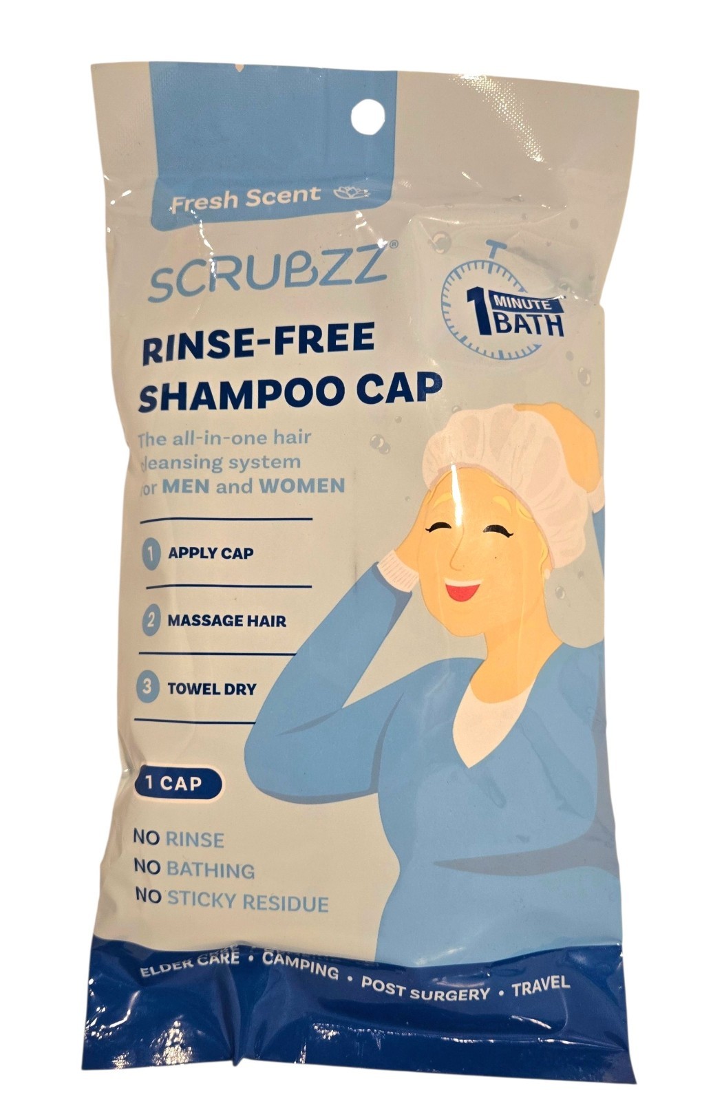 Scrubzz Rinse-Free Shampoo Cap Fresh Scent Elder Care Camping Post-Surgery New