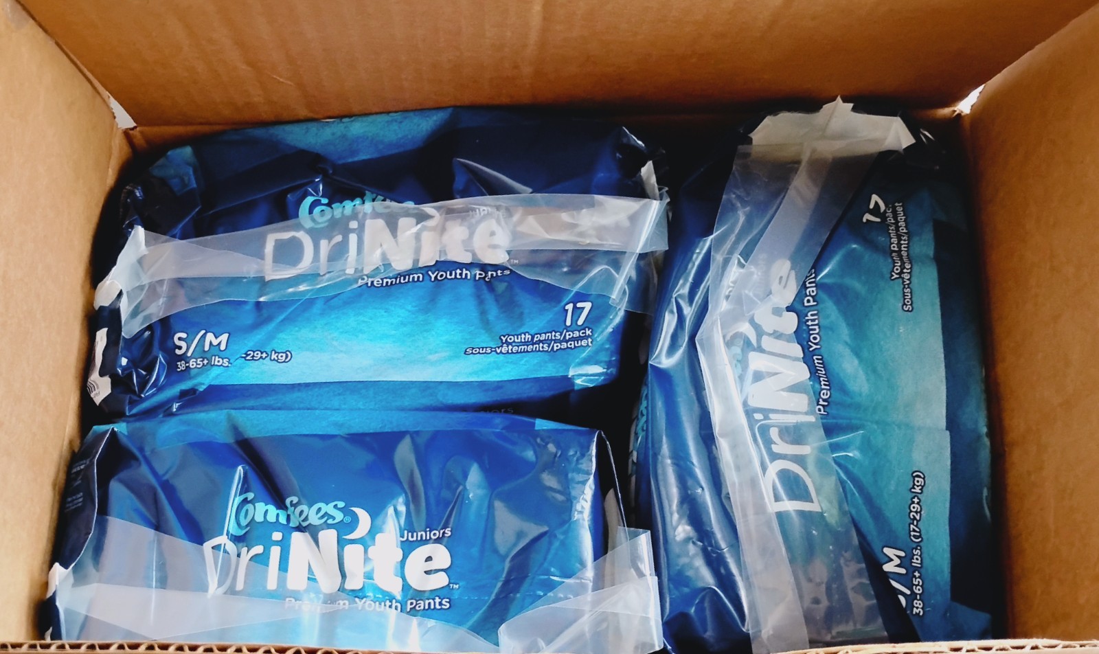 Lot of 6 x 17pk Comfees DriNite Juniors Premium Youth Pants Size S/M 38-65+ Lbs