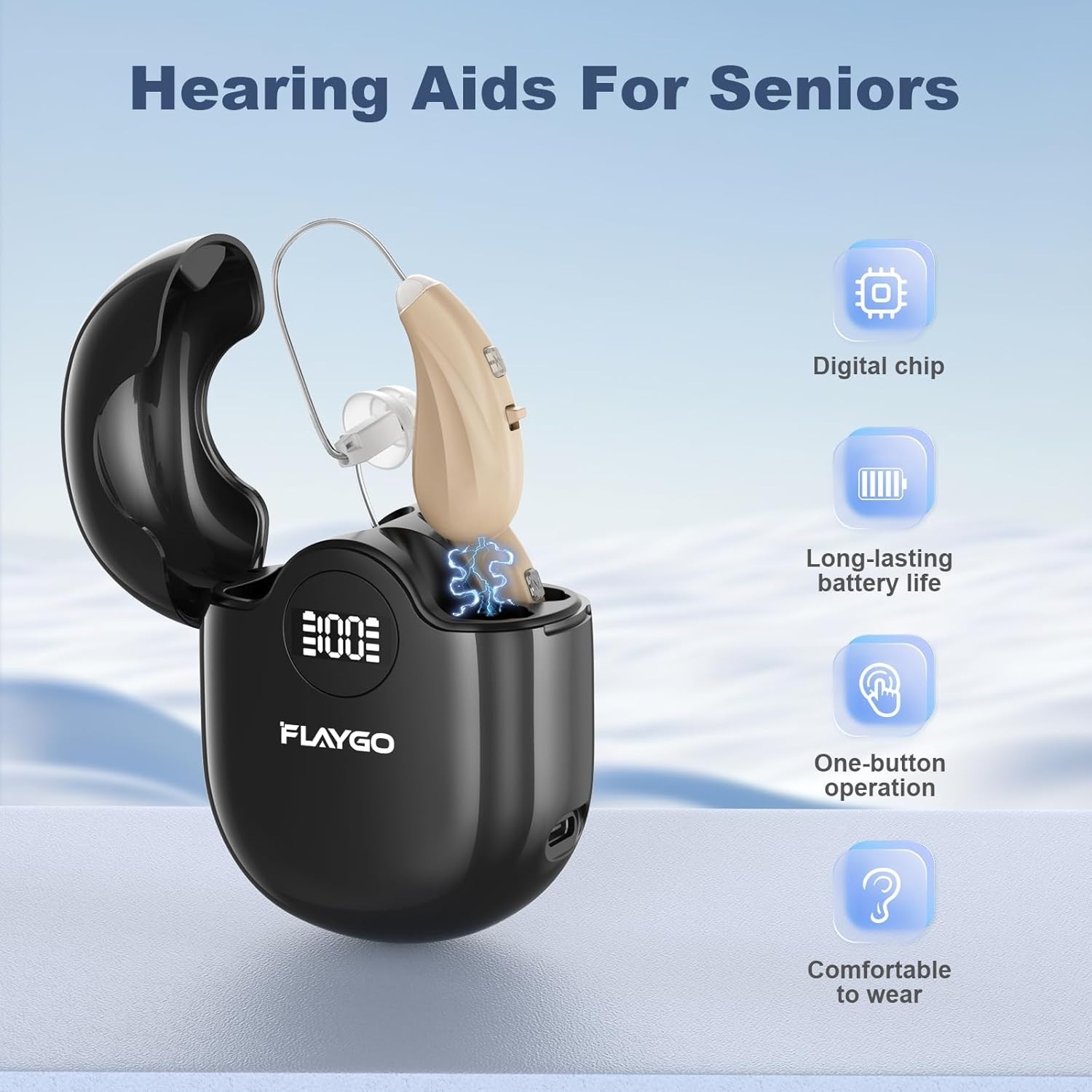 Hearing Aids for Seniors with Noise Reduction, 80H Battery, Beige Pair