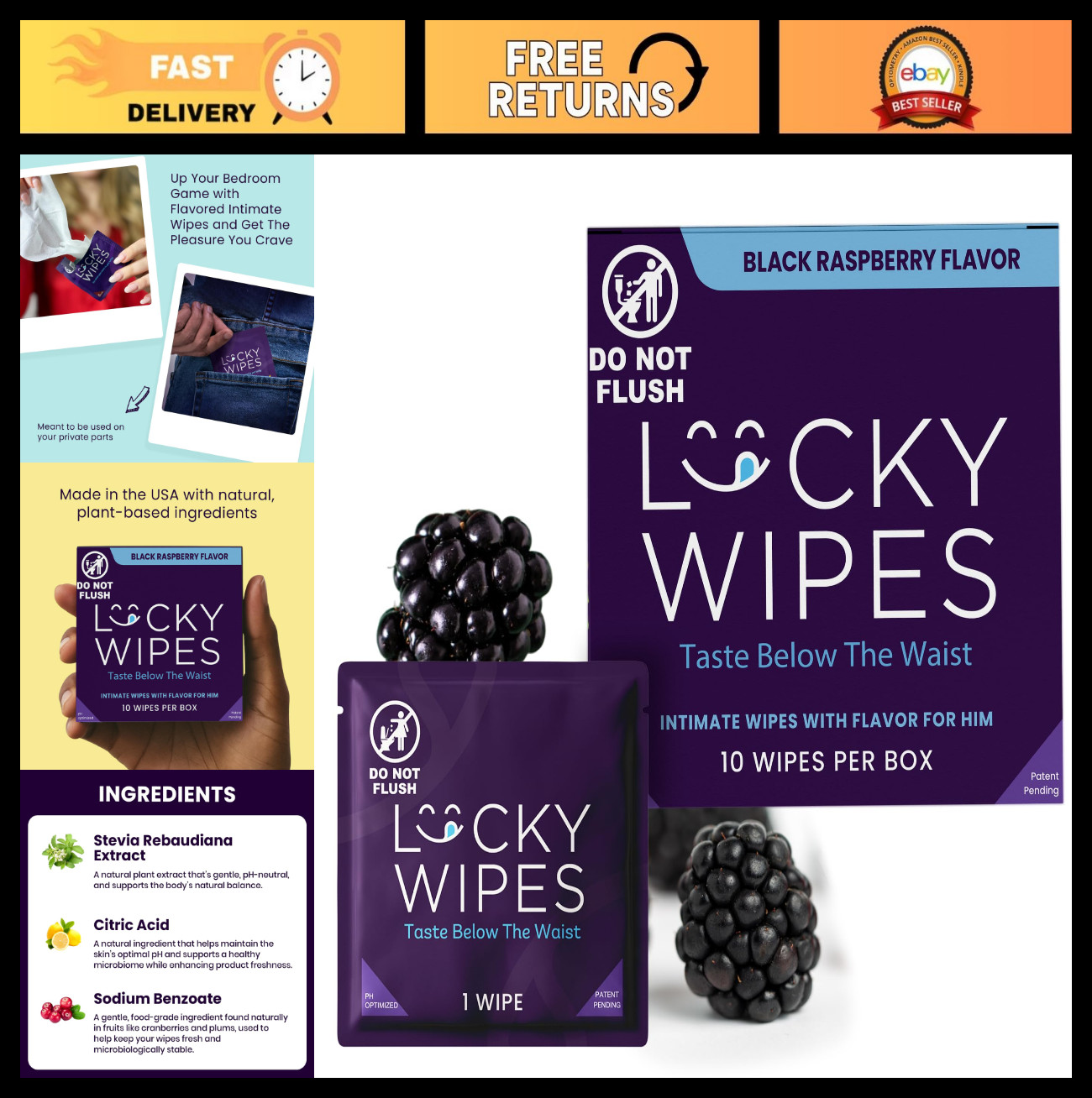 Men’s pH Balanced Intimate Wipes – Individually Wrapped, Flavored, 10 Pack – Bla