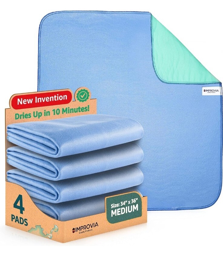 IMPROVIA® Washable Underpads, 34″ x 36″ (Pack of 4) – Heavy Absorbency Reusable