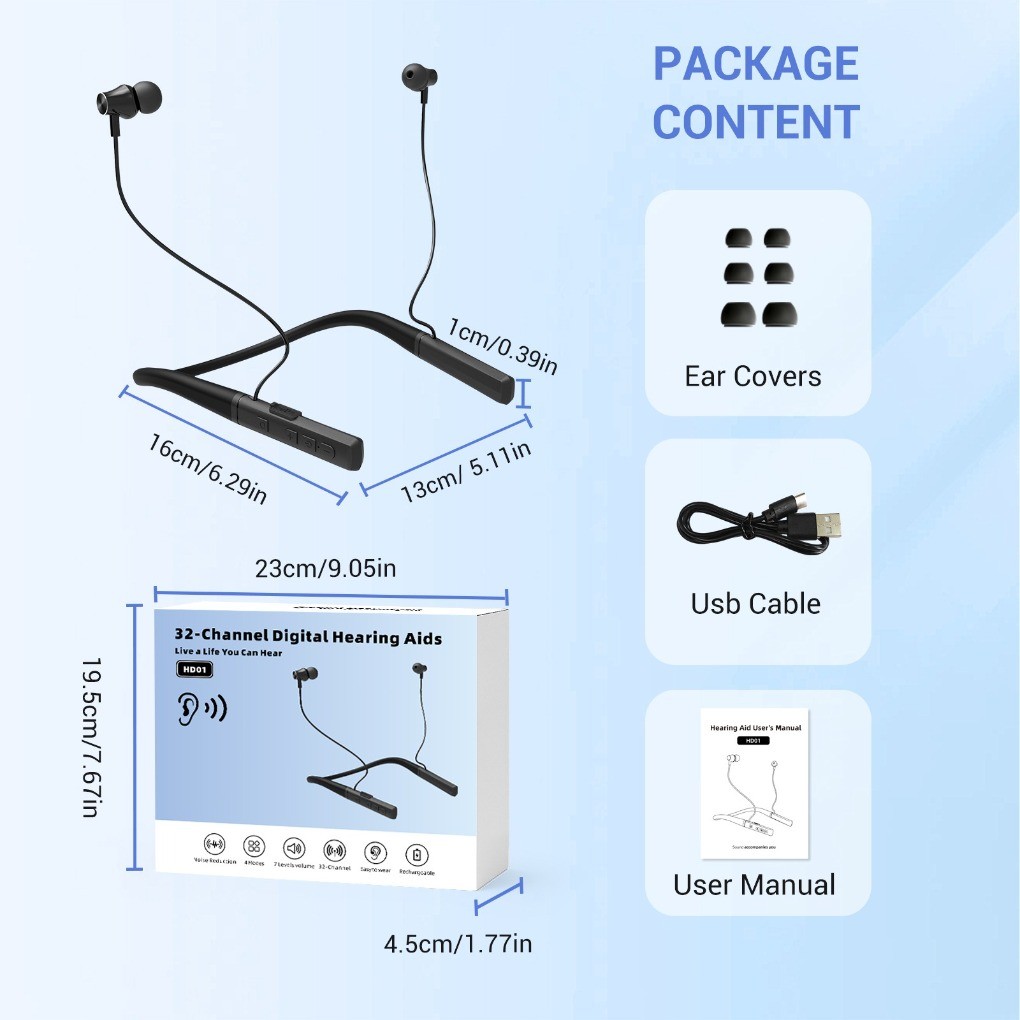 32-Channel Neckband Hearing Aid OTC, Noise Reduction Tinnitus Noise Cancelling